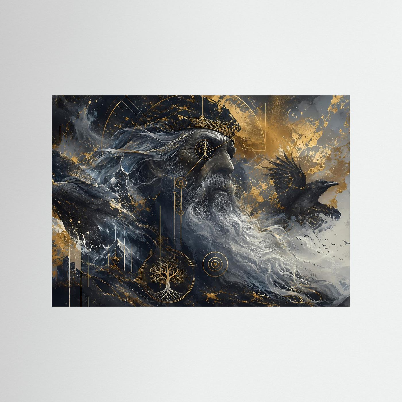 Odin mit Raben | Nordische Mythologie in Schwarz & Gold