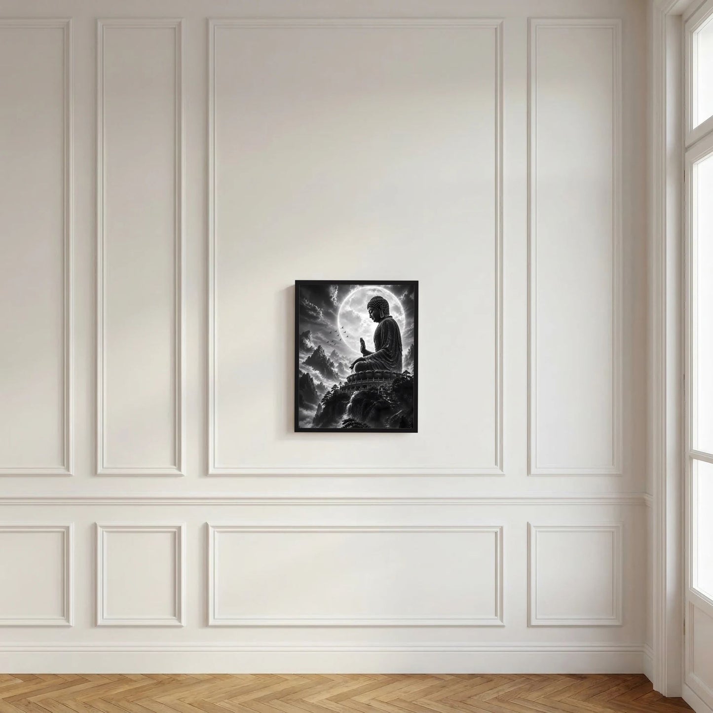 Schwarzweiß-Poster im Hochformat mit sitzendem Buddha, Vollmond und Wolkengebirge