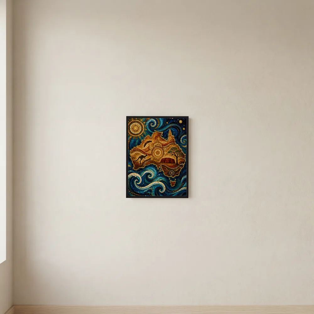 Poster mit quadratischem Mosaikmotiv in Blau, Gold und Braun