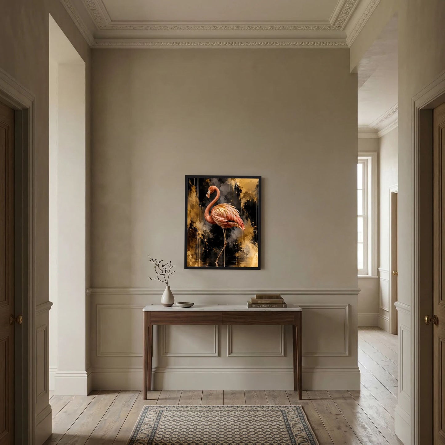 Flamingo-Poster mit goldenem Abstrakt-Hintergrund, schwarzem Rahmen