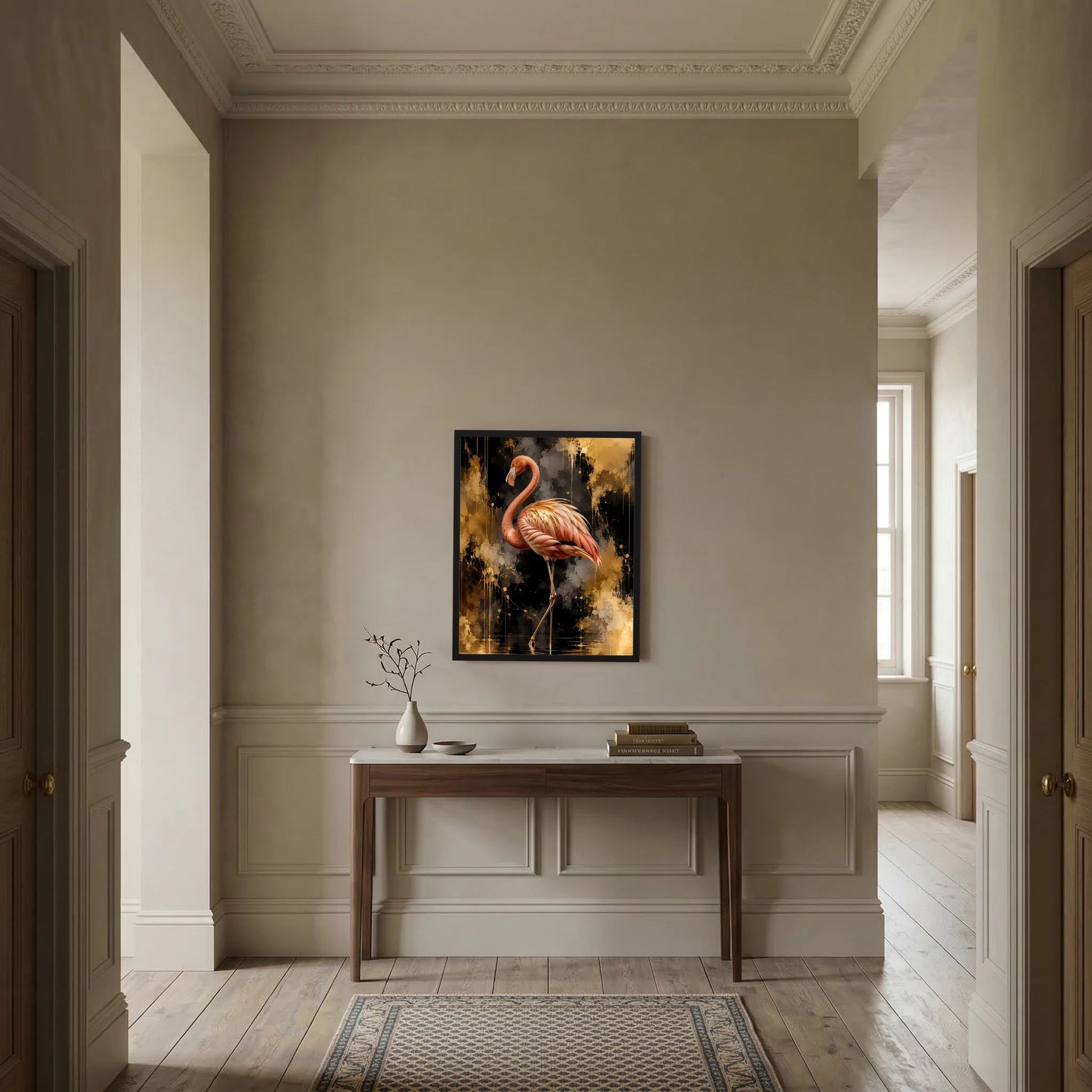 Flamingo-Poster mit goldenem Abstrakt-Hintergrund, schwarzem Rahmen