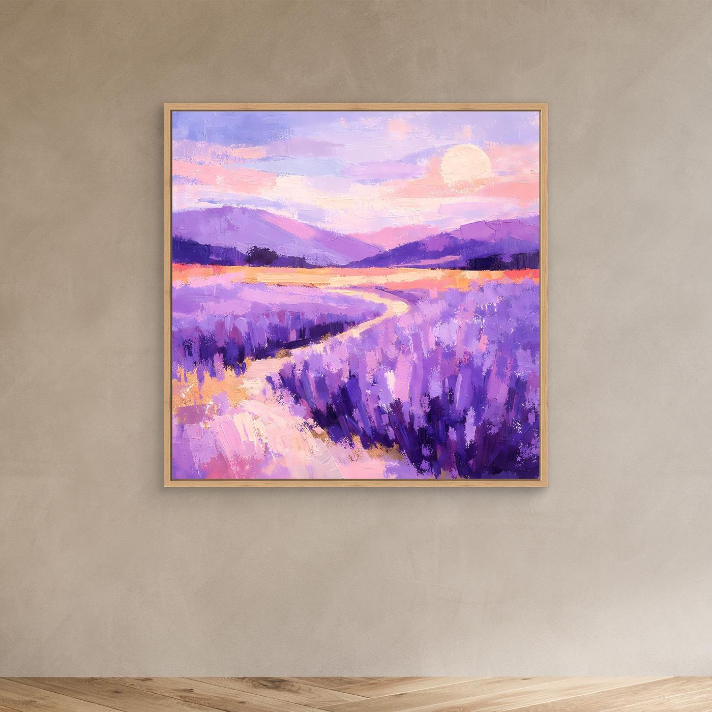 Abstraktes Leinwand-Wandbild mit Holzrahmen: lila Lavendelhänge, gelber Weg, Sonne
