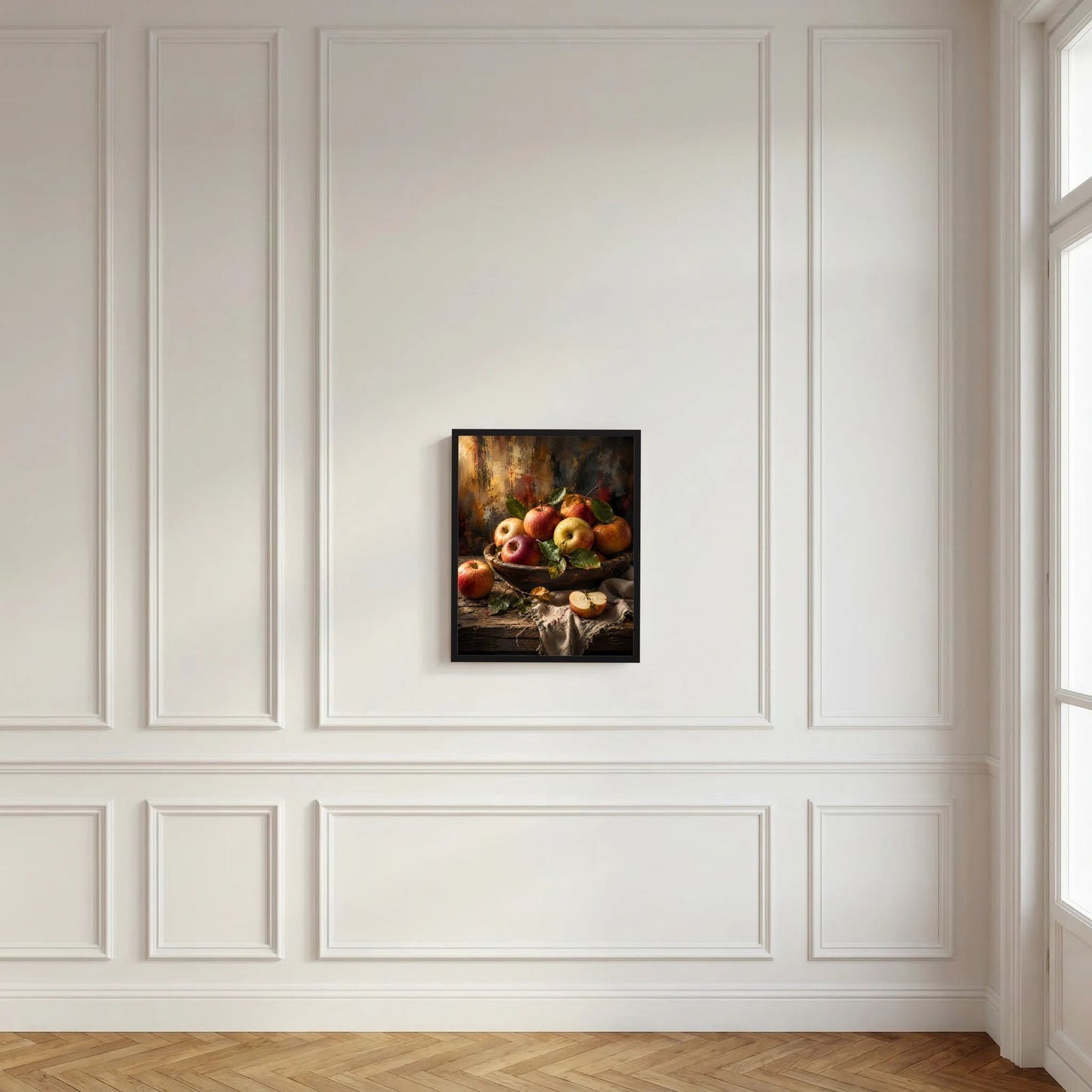 Wandposter im Hochformat mit Apfel-Stillleben im schwarzen Rahmen