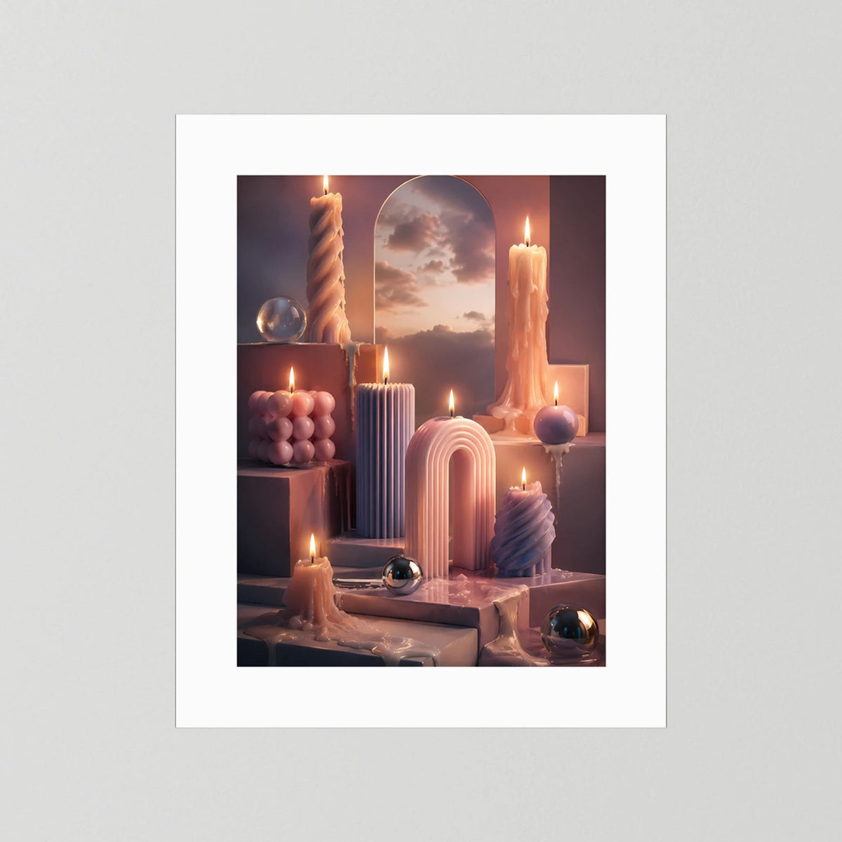 Hochformat-Poster mit Kerzenszene in Pastellrosa, weiße Randfläche um das Motiv