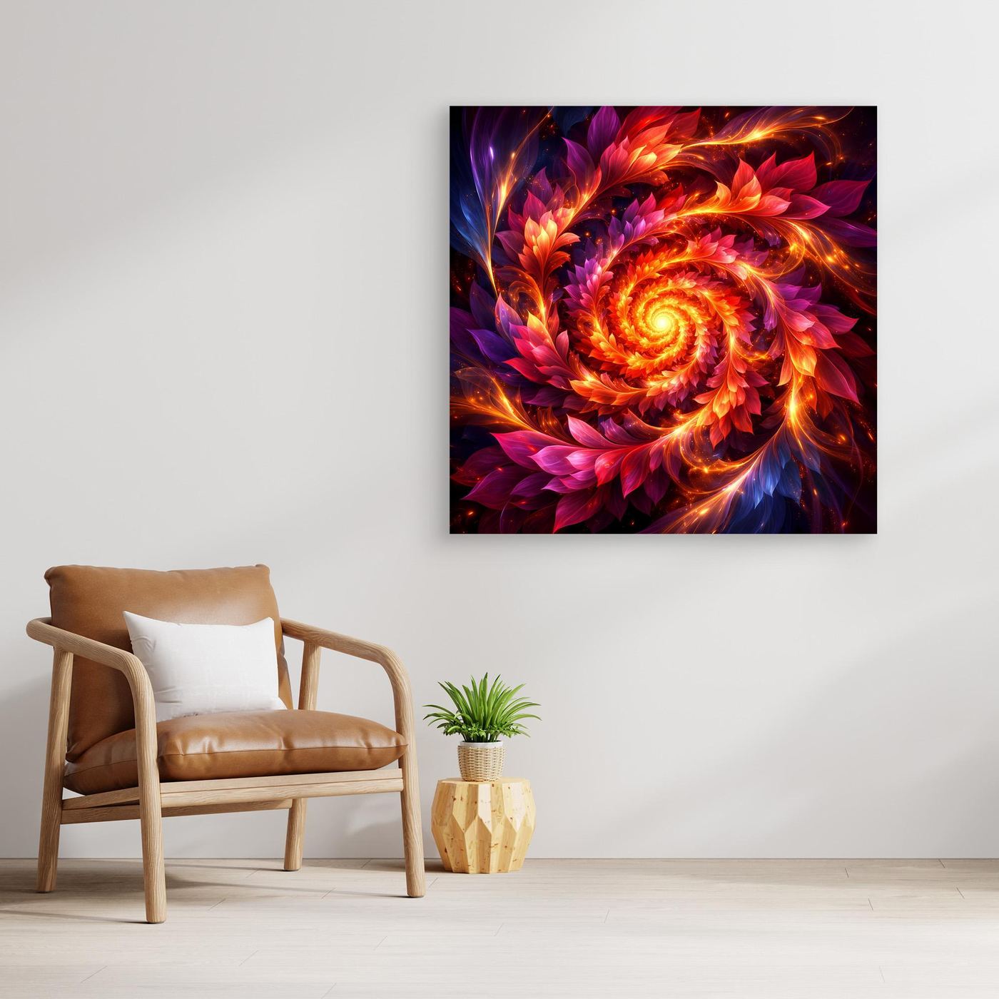 Abstraktes Leinwandbild mit feuriger Spirale, goldbrauner Rahmen