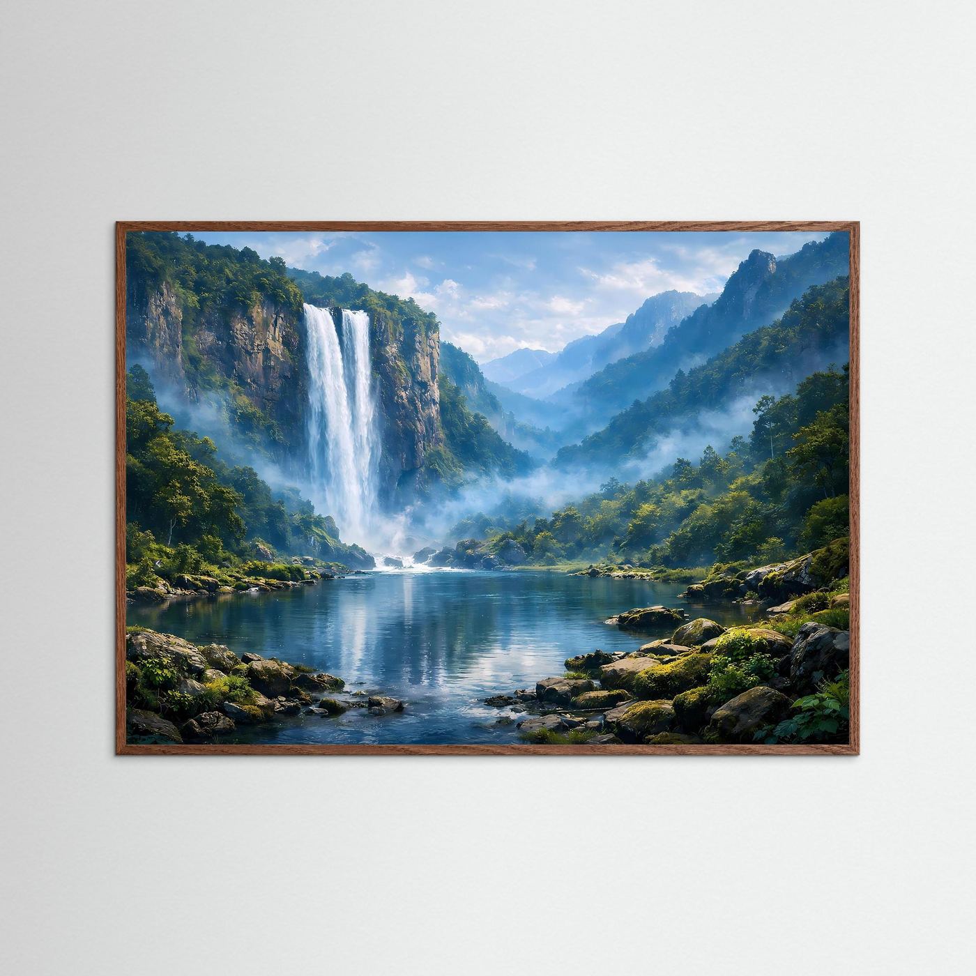 Wandbild mit Wasserfall in den Bergen, brauner Holzrahmen