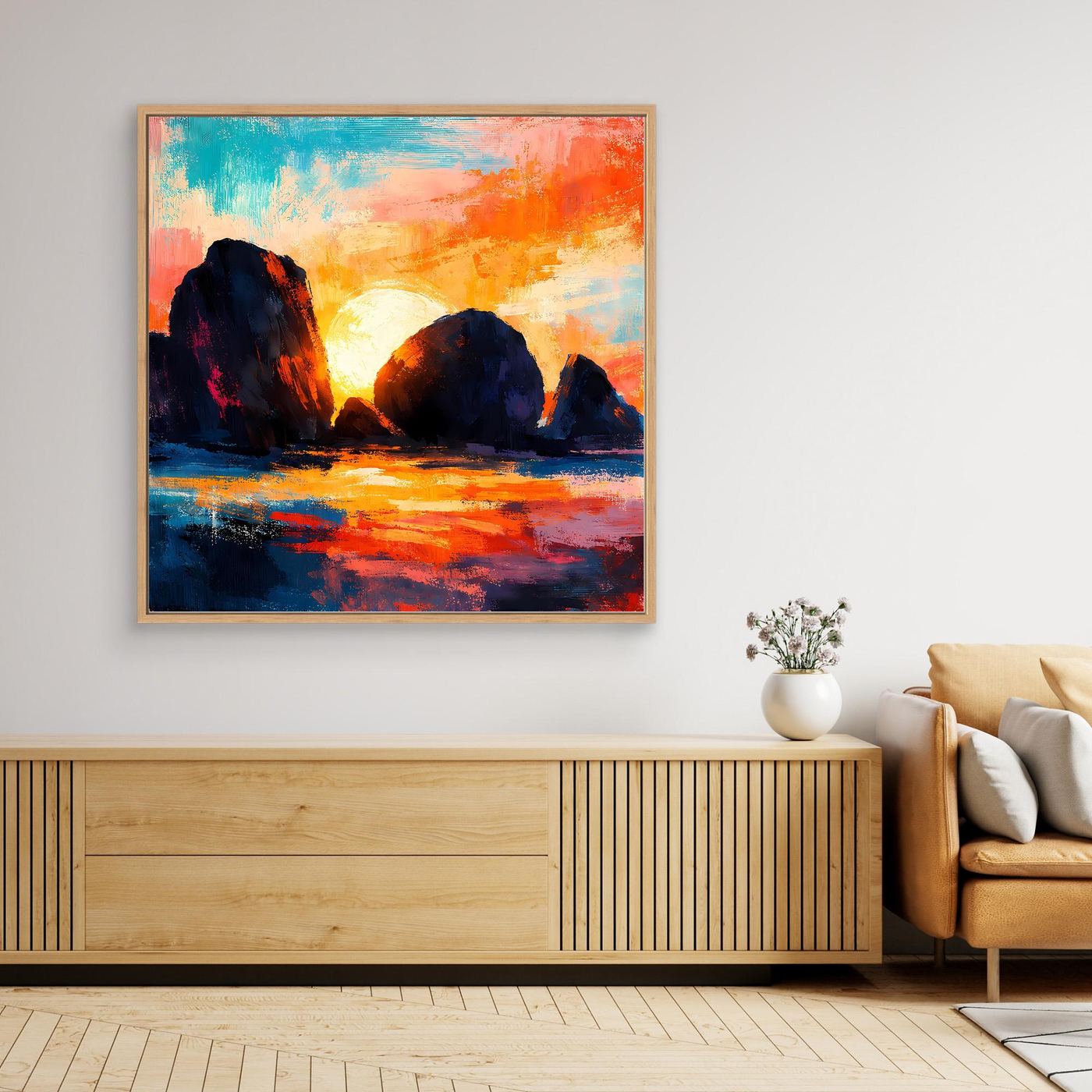 Abstraktes Leinwand-Wandbild mit Sonnenuntergang am Meer, mit hellem Rahmen