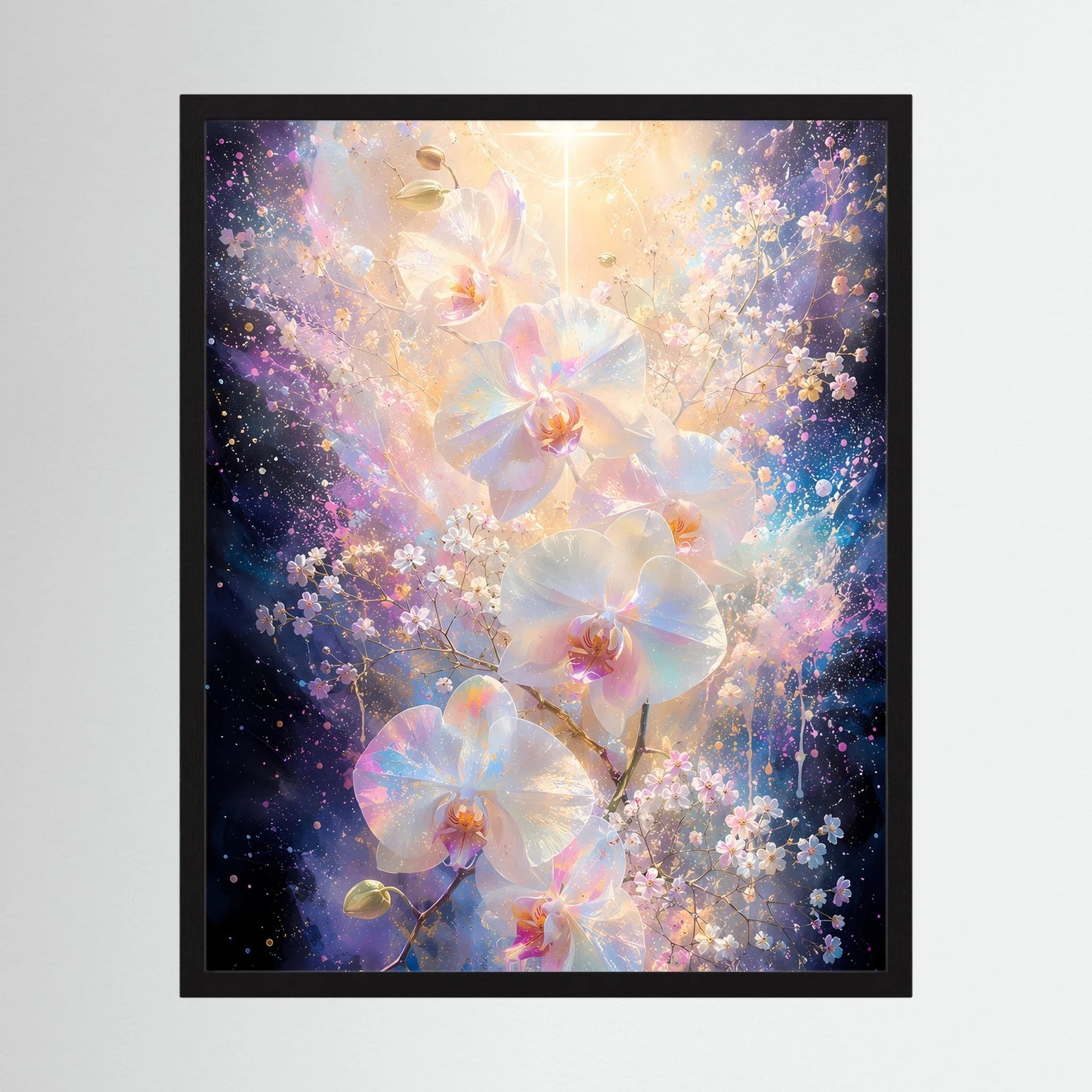 Hochformat-Poster mit schwarzem Rahmen, leuchtende Orchideen in Pastell und Gold