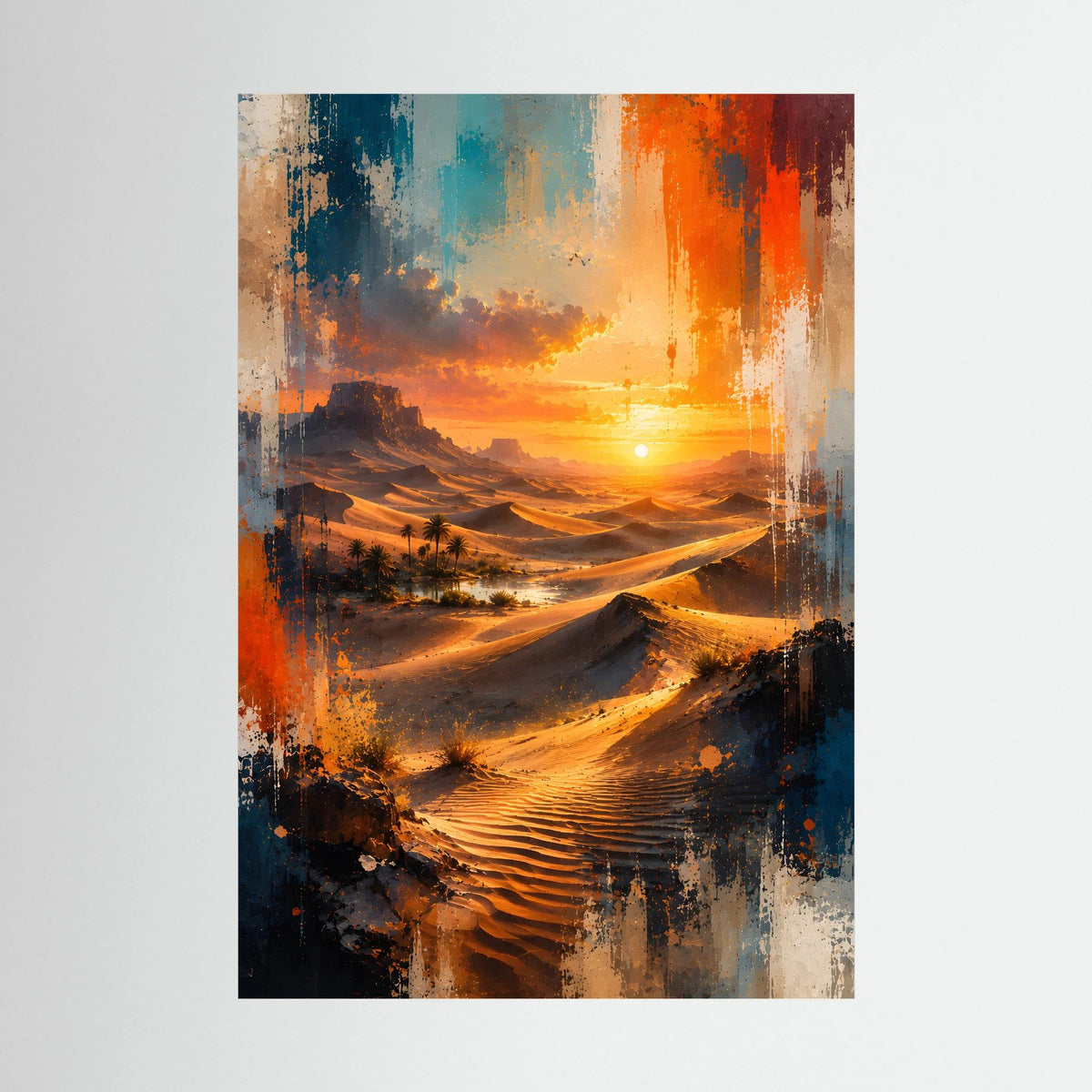 Wüstenlandschafts-Poster im Hochformat, orange-blau mit Sonne über Dünen