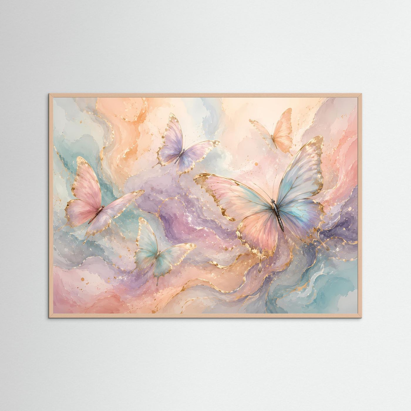 Pastell Schmetterlinge Poster | Elegante Schmetterlingskunst in Rosa Blau Gold | Moderne Aquarell Wanddekoration | Abstrakter Kunstdruck