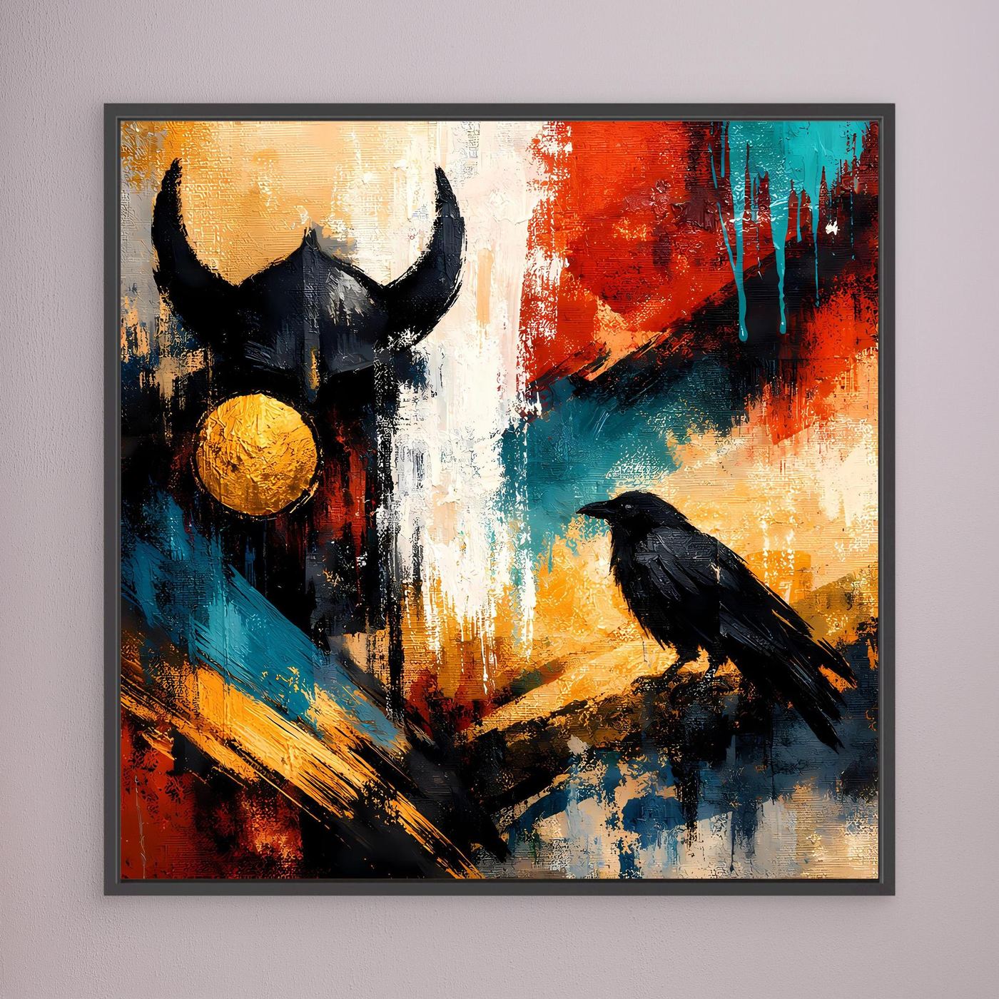 Wandbild mit schwarzem Wikingerhelm, goldener Kugel und Rabe auf abstraktem Farbverlauf, dunkel gerahmt