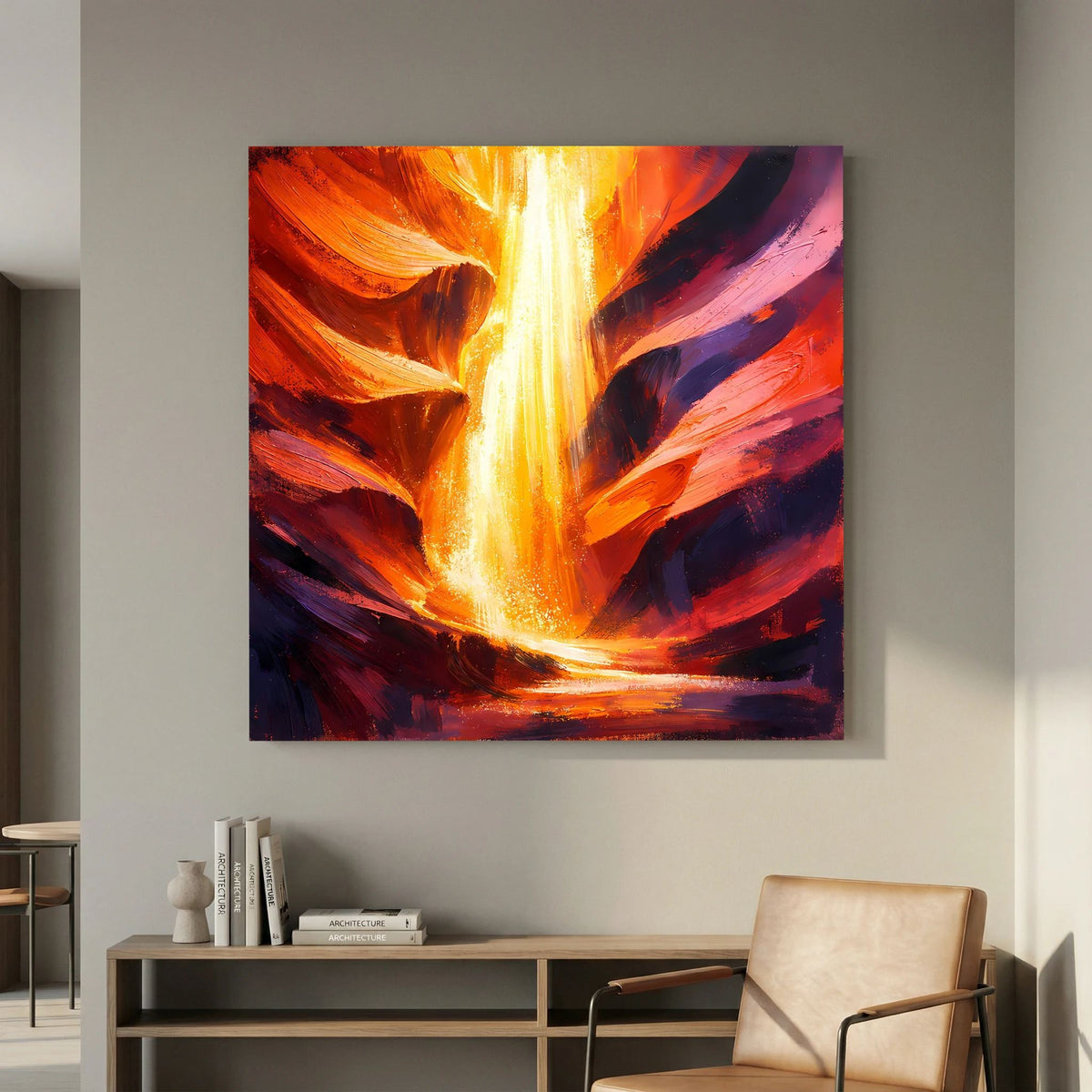Leinwand-Wandbild mit vertikalem Lichtstrom, orange-pinkem Felsgrat und dunkelblauen Schatten