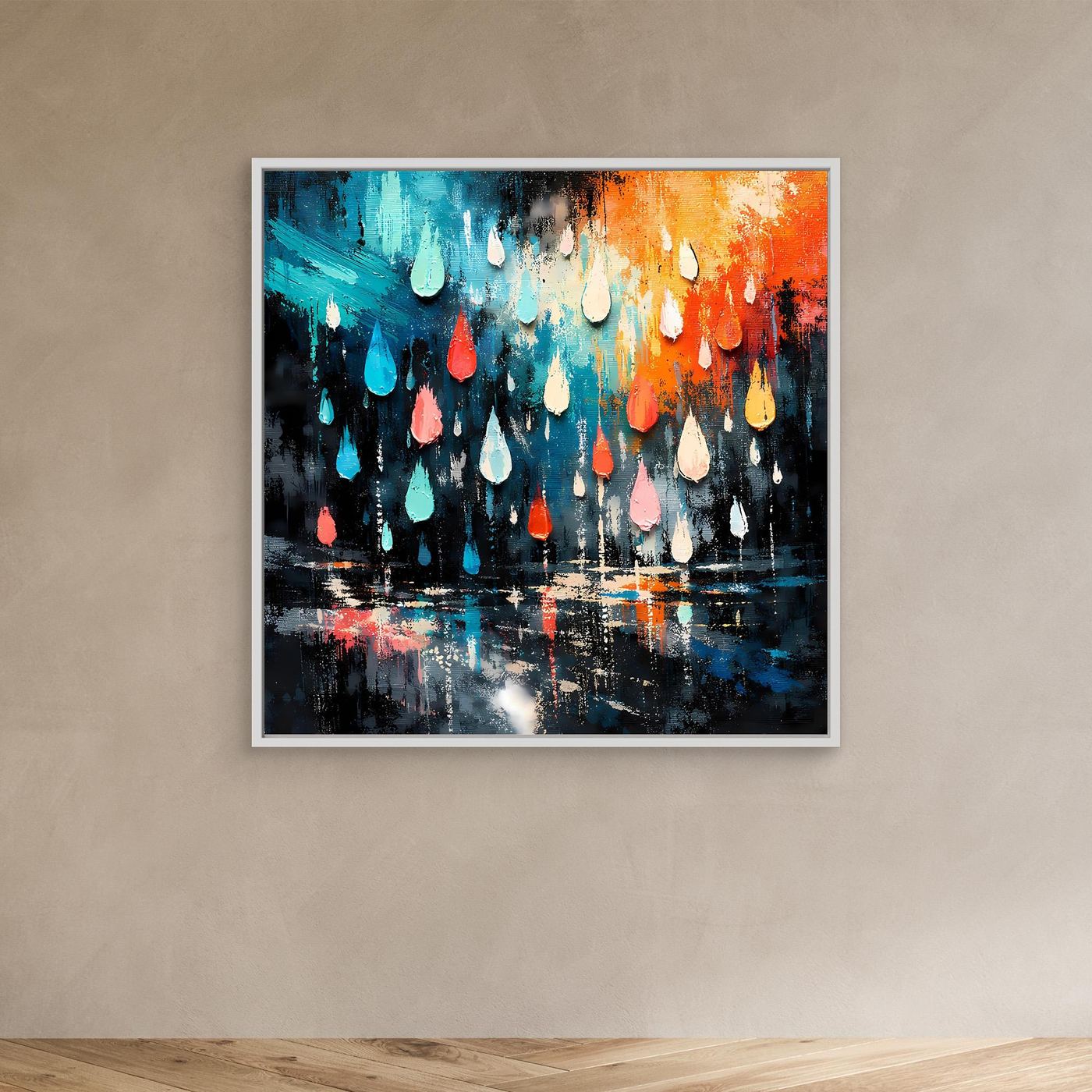 Abstraktes Wandbild mit Tropfen in Blau-, Orange- und Rosatönen; weißer Rahmen.