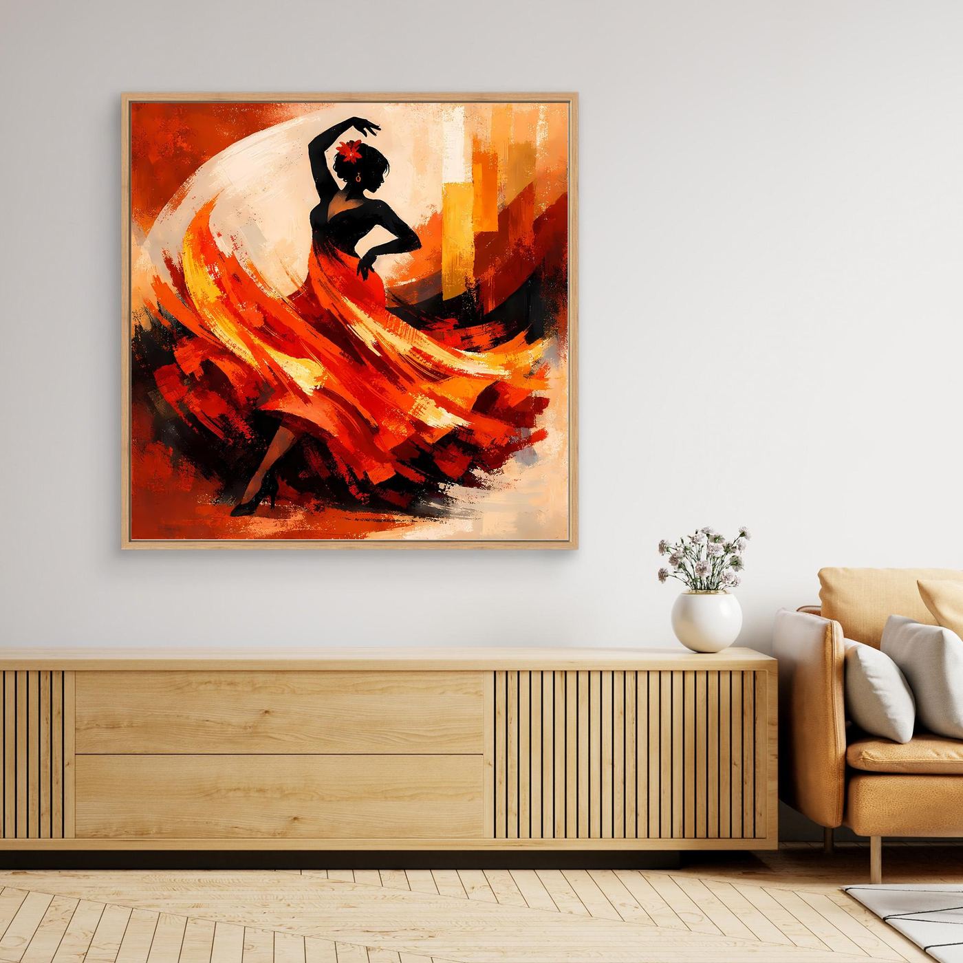 Gerahmtes Leinwand-Wandbild mit Flamenco-Tänzerin in Schwarz und leuchtendem Rot-Orange-Motiv