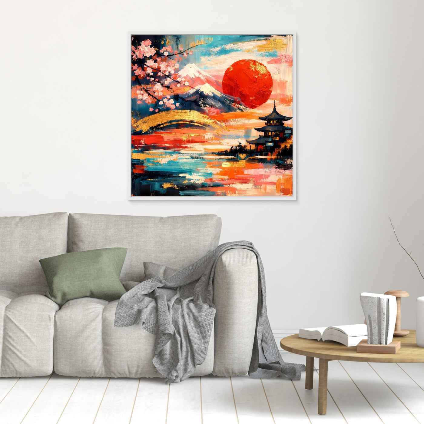 Kleines gerahmtes Leinwandbild mit Kirschblüten, Berg Fuji, roter Sonne und Pagode