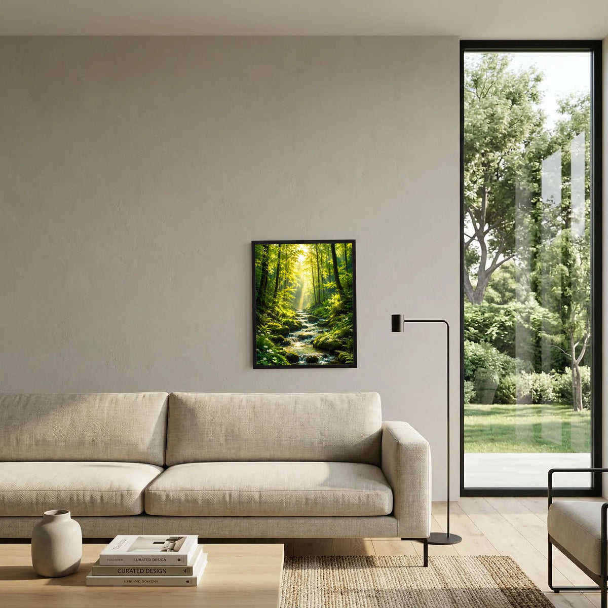 Poster im schwarzen Rahmen über Sofa: Waldbach zwischen grünen Bäumen
