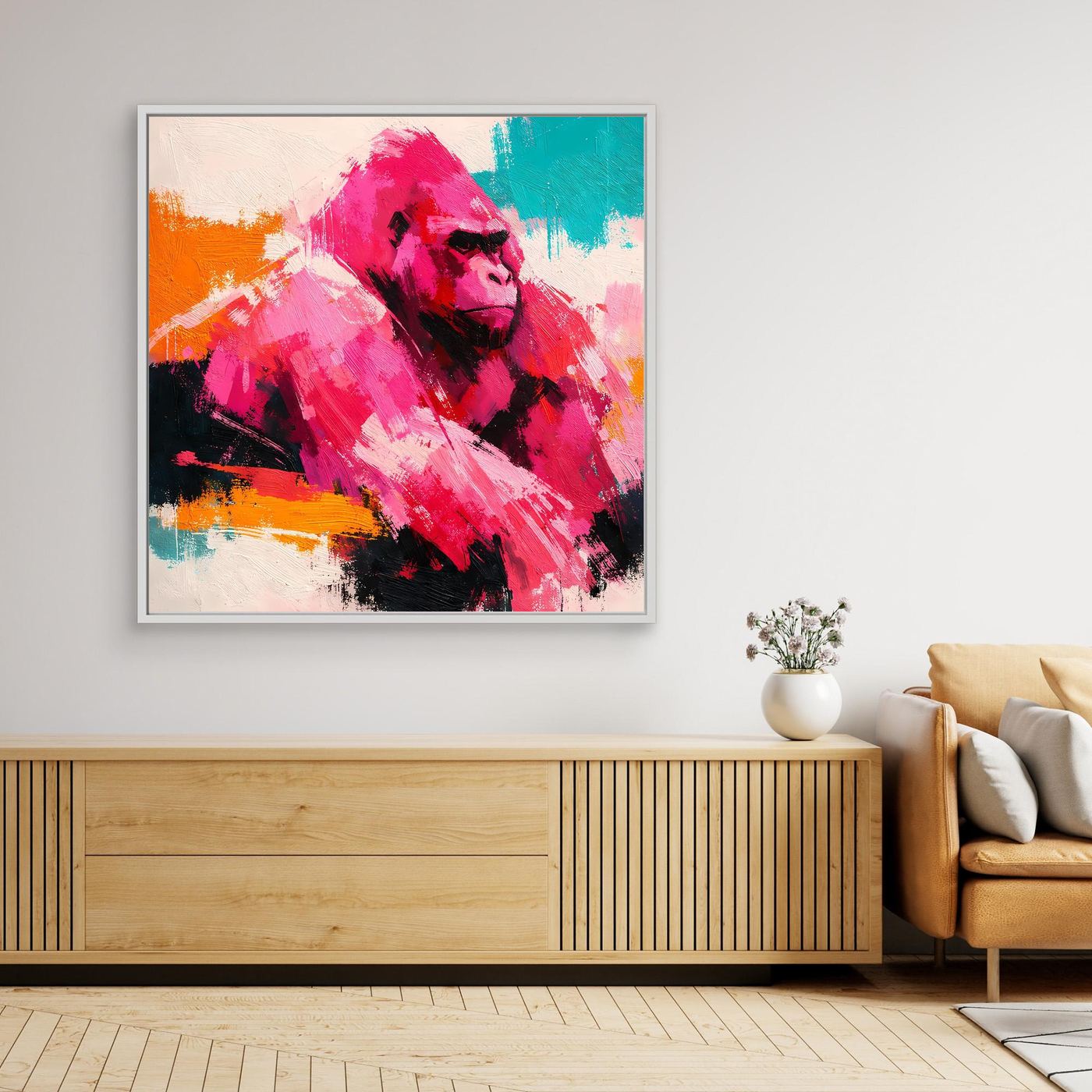 Gerahmtes Leinwandbild mit abstraktem Gorilla im Pop-Art-Look, pink und türkis