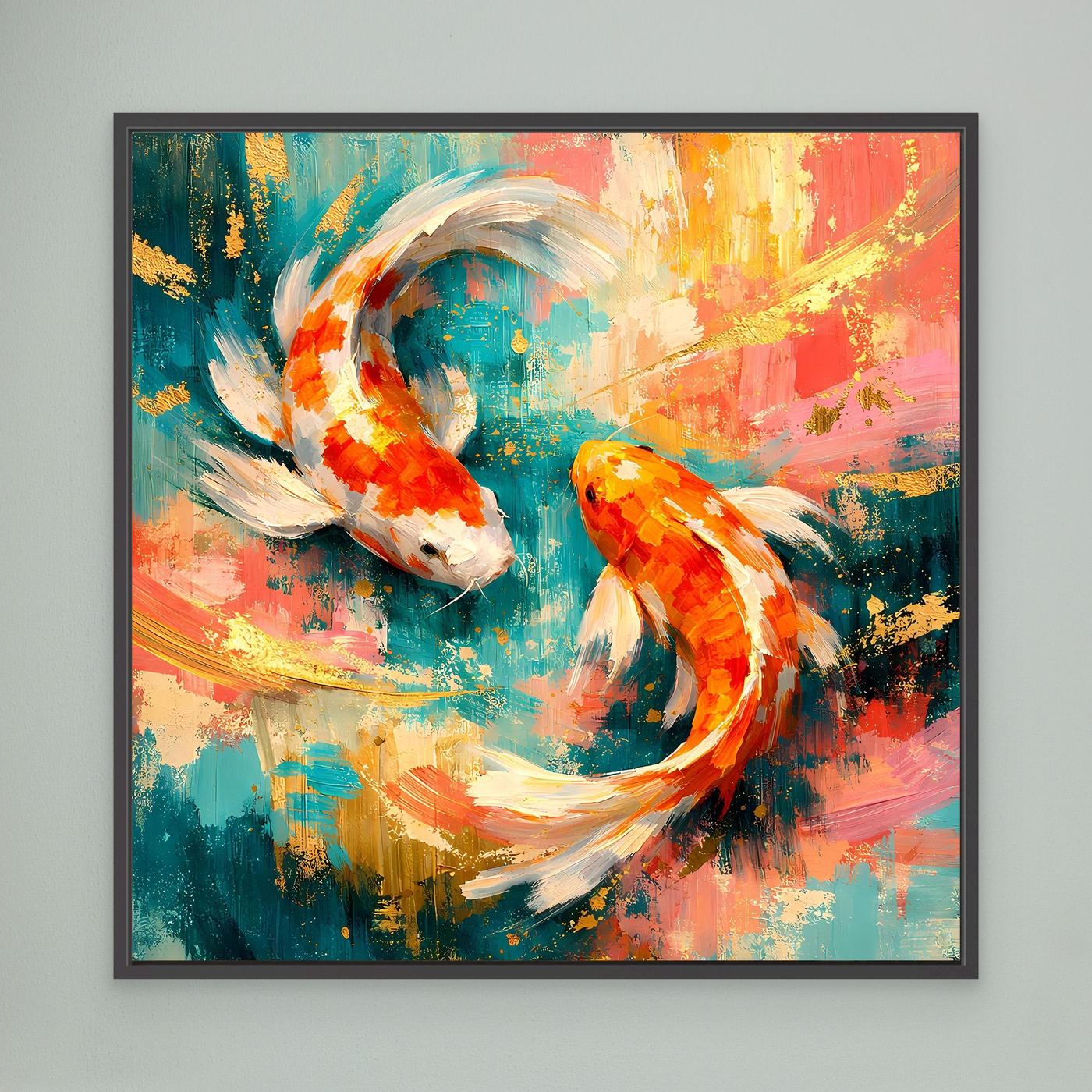 Leinwandbild mit abstrakten Koi-Fischen, schwarz gerahmt, buntes Gold-Design im Yin-Yang-Stil