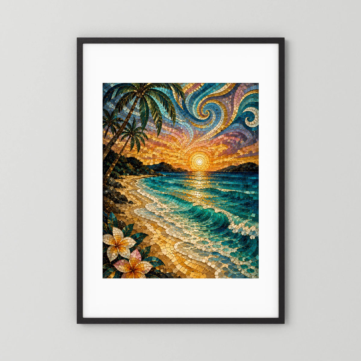 Poster mit schwarzem Rahmen und weißem Rand, Mosaikstrand mit Palmen und Sonne am Horizont.