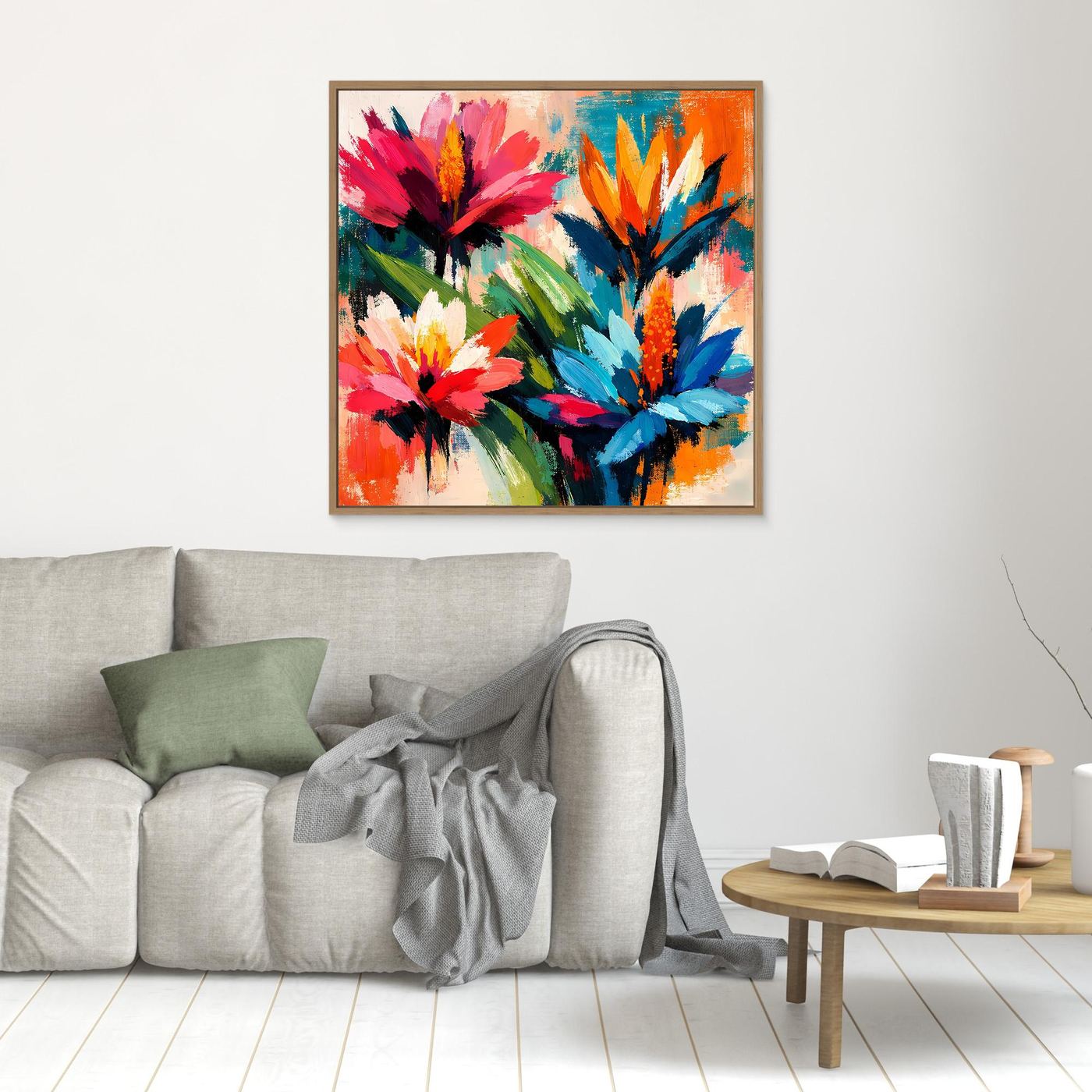 Canvas abstract tropical flower wall art, small square, light wood frame, multicolor