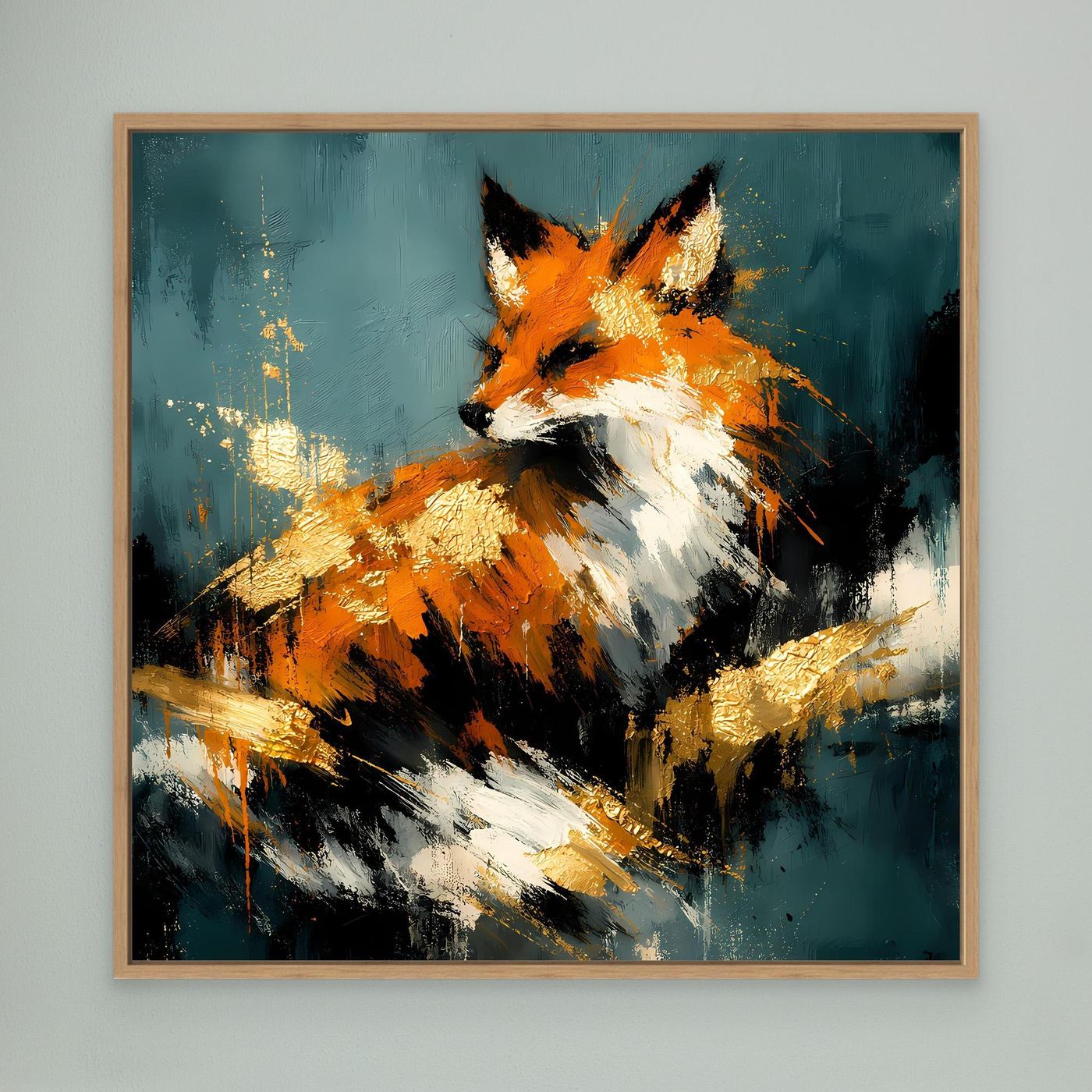 Leinwand-Wandbild mit hellem Holzrahmen: abstrakter Fuchs in Orange, Weiß und Gold