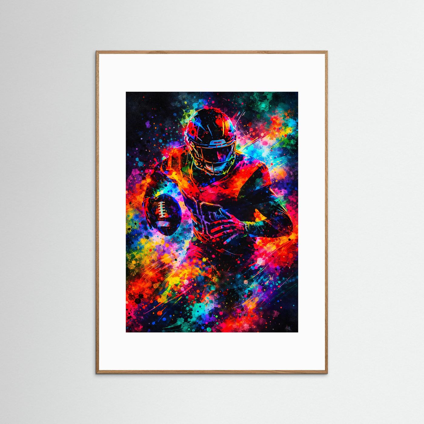 Gerahmtes Sportkunstposter im Hochformat mit Neon-Illustration eines Football-Spielers