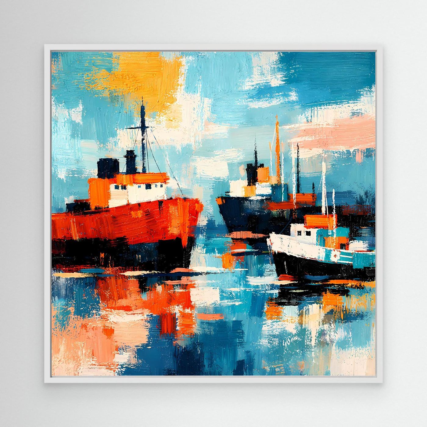 Leinwand-Wandbild mit abstrakten Schiffen im Hafen im weißen Rahmen, blau-rot