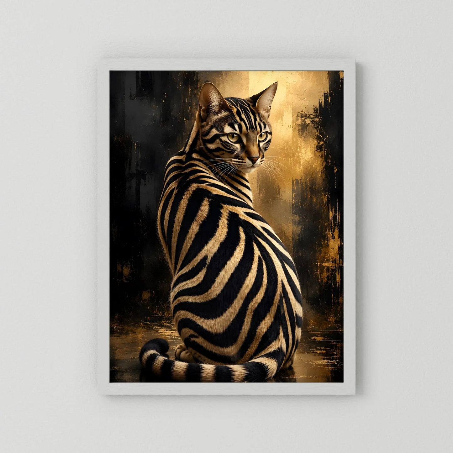 Poster Zebra-Katze in Schwarz mit goldenen Akzenten, weiß gerahmt