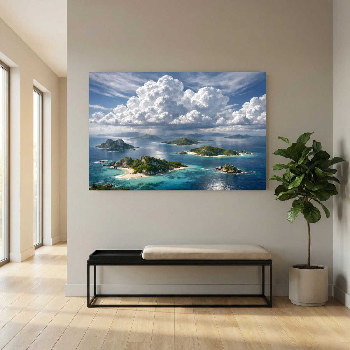 Wandbild mit tropischen Inseln, türkisblauem Meer und großen weißen Wolken am Himmel