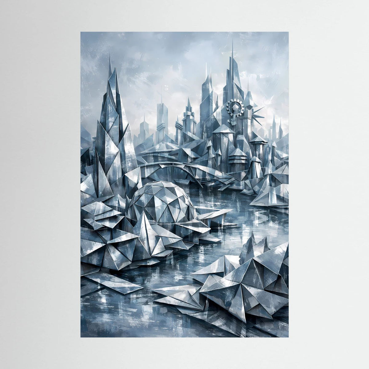 Hochformatiges Wandbild mit geometrischer Fantasy-Stadt in Silber und Blau