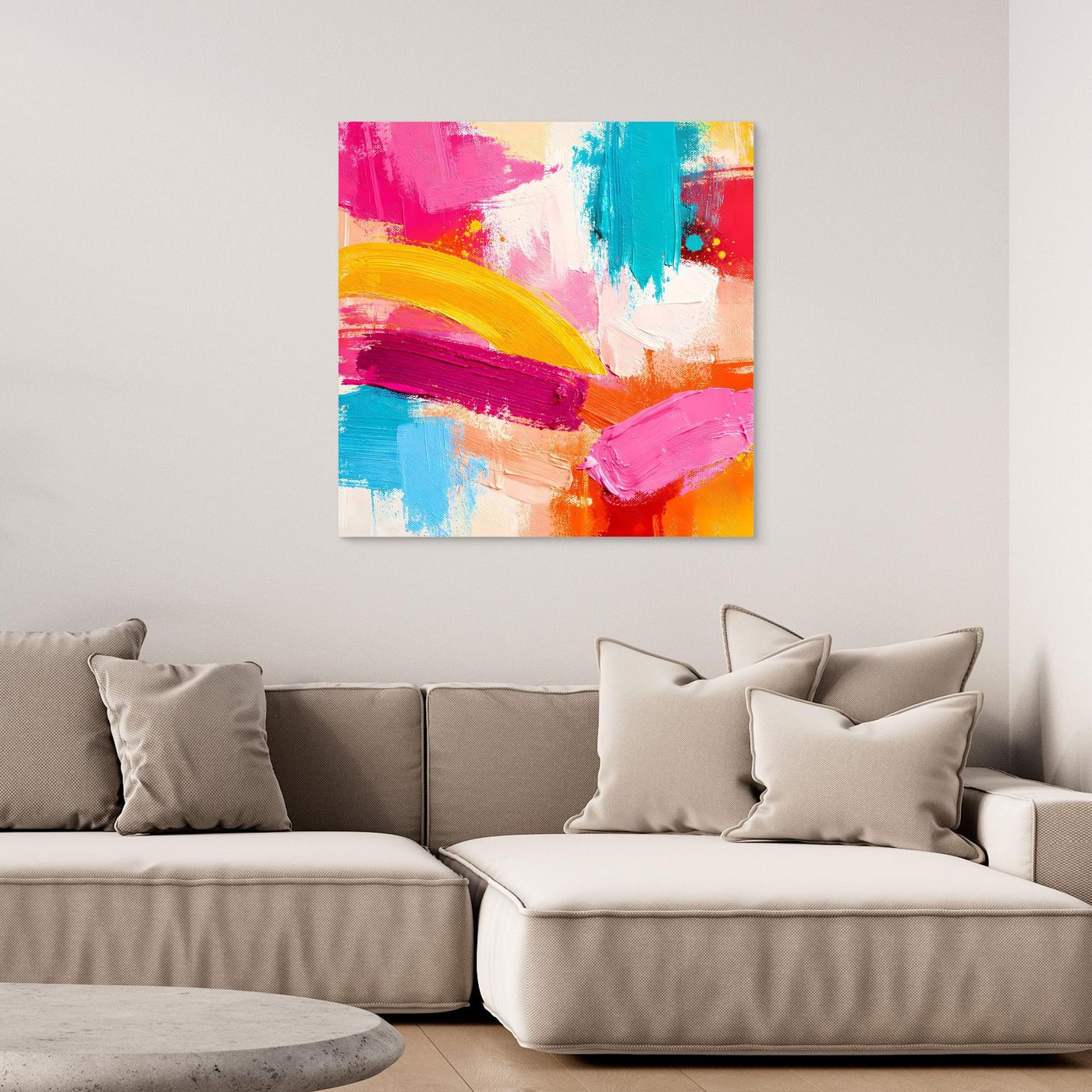 Abstract pastel pop art wall canvas with pink, teal, yellow and orange brush strokes