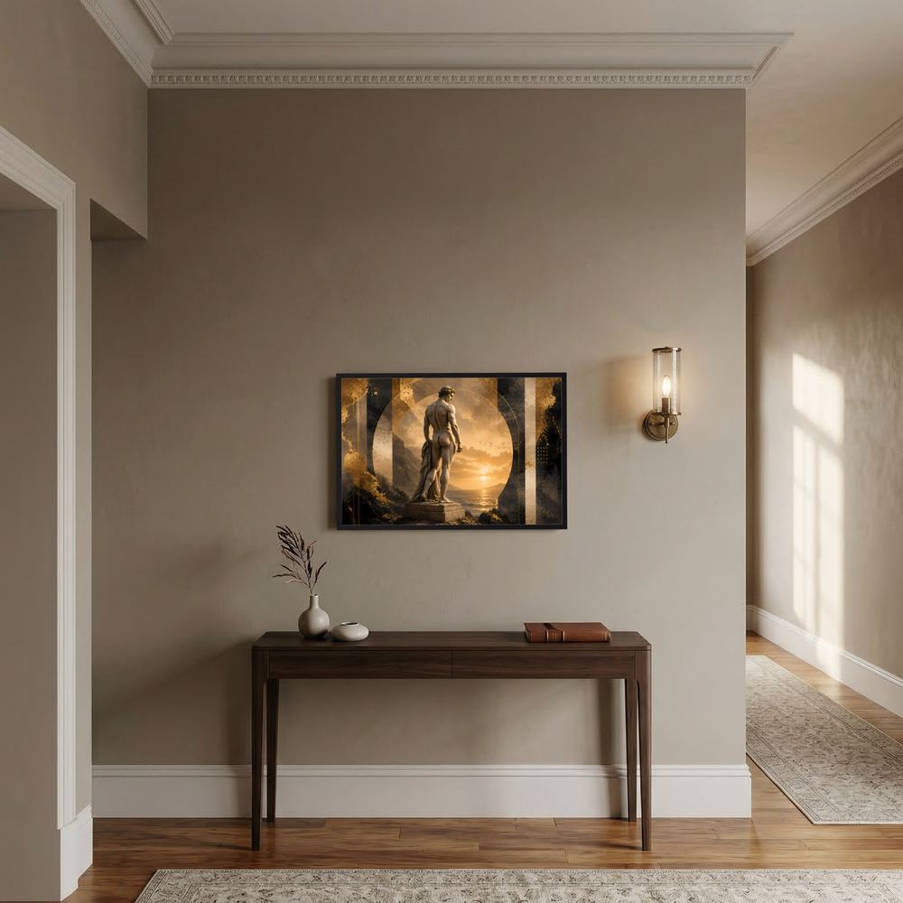 Querformat-Poster mit antiker Männerstatue in Gold und Schwarz