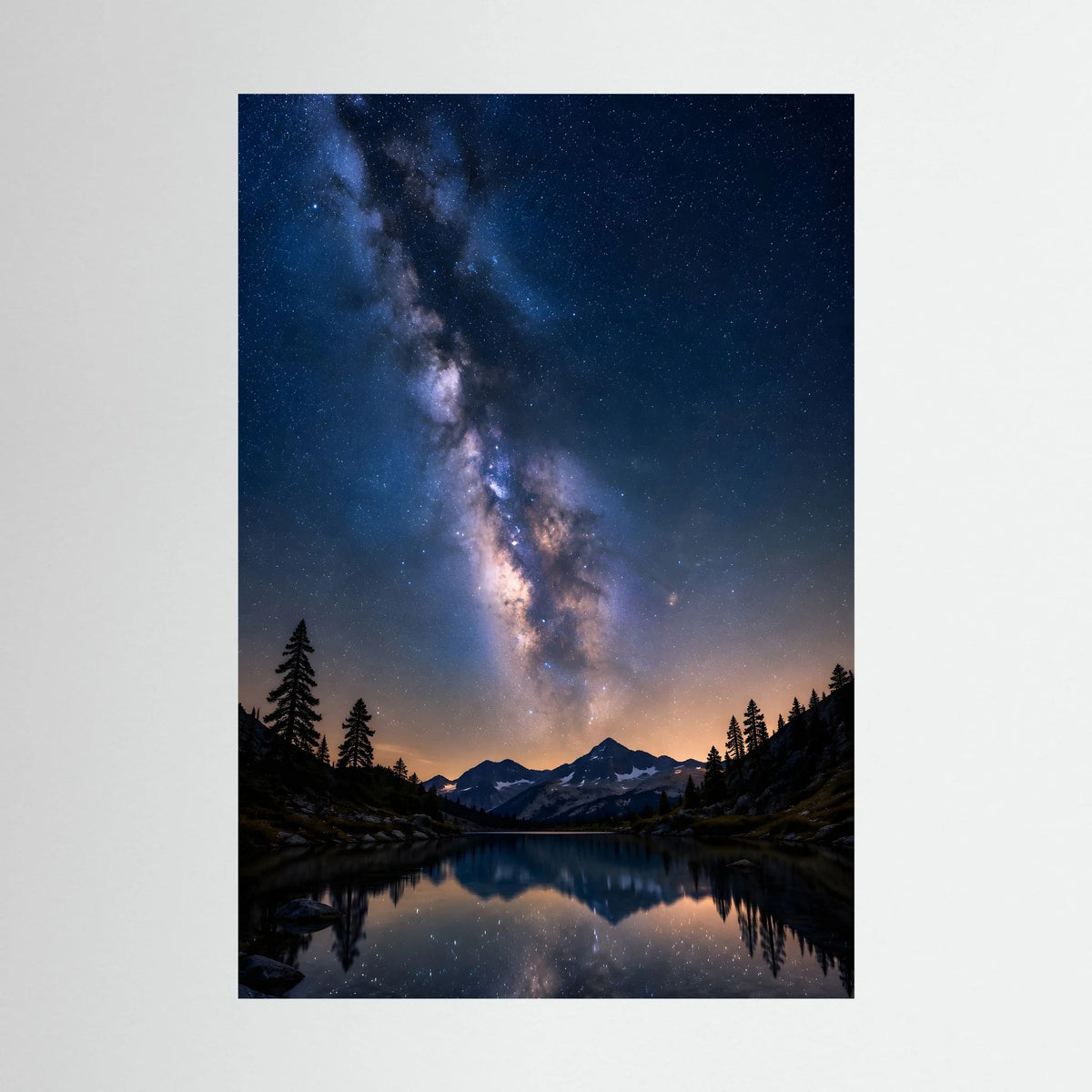 Hochformat-Poster mit Milchstraße über Bergsee, Sternenhimmel und Bergsilhouette bei Nacht