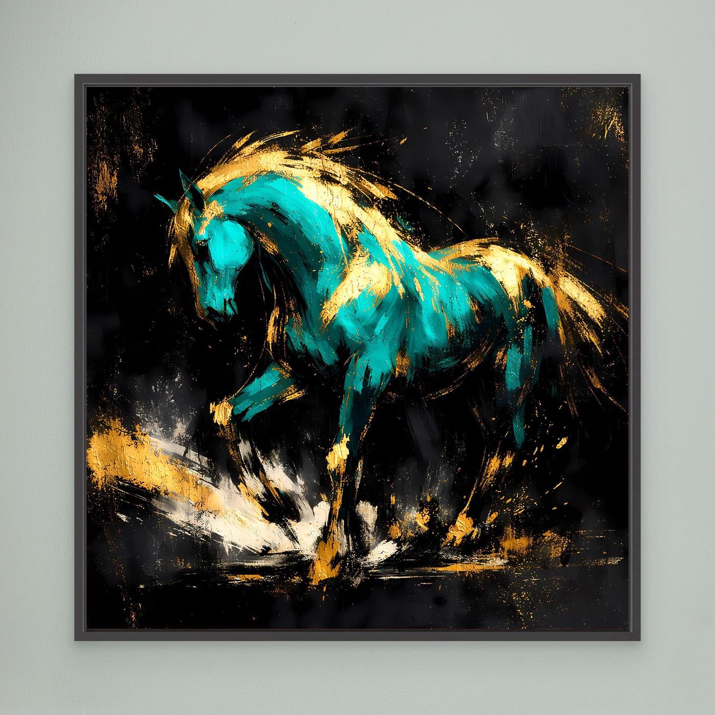 Leinwand Kraftvolles Pferd in Türkis und Gold | Modernes Abstraktes Wildtier Wandbild