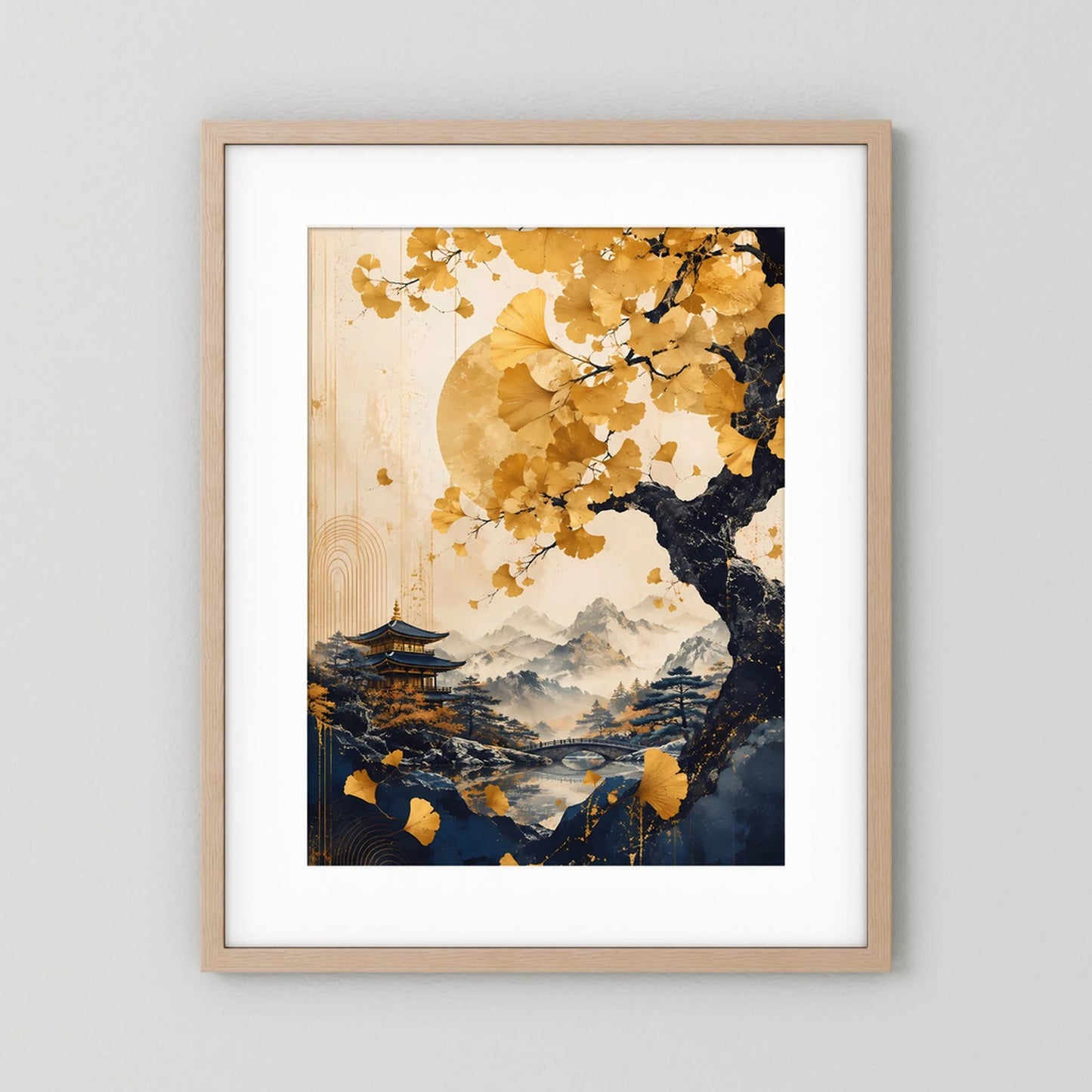 Poster im Hochformat mit goldenen Ginkgoblättern, Pagode und Mond über Berglandschaft, heller Holzrahmen