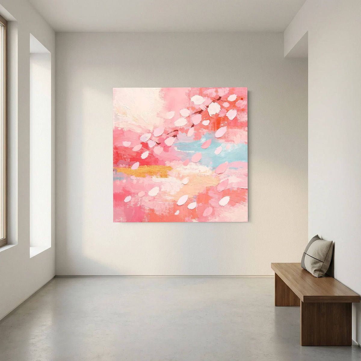Quadratisches Leinwand-Wandbild: abstrakte Kirschblütenwolke in Rosa, Beige und Hellblau