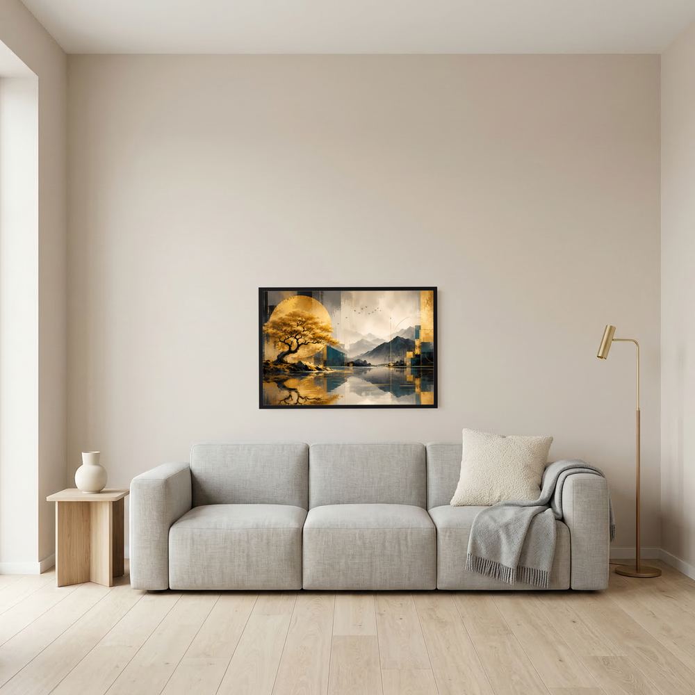 Kleiner gerahmter Kunstdruck mit goldenem Baum über Bergsee, goldene Akzente und Details