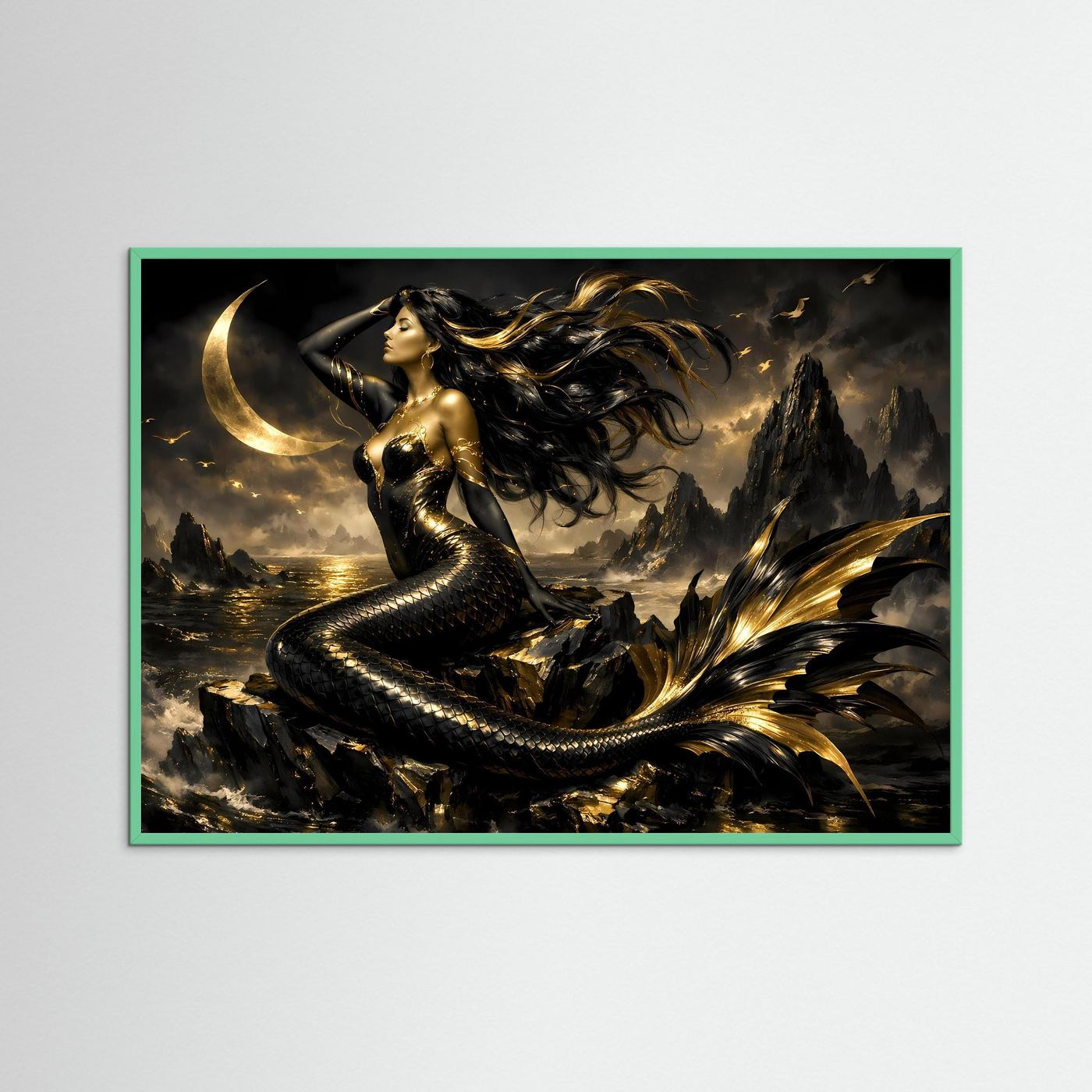 Gerahmtes Fantasy-Wandbild mit Meerjungfrau im Mondschein und goldenen Flammen, dunkler Hintergrund