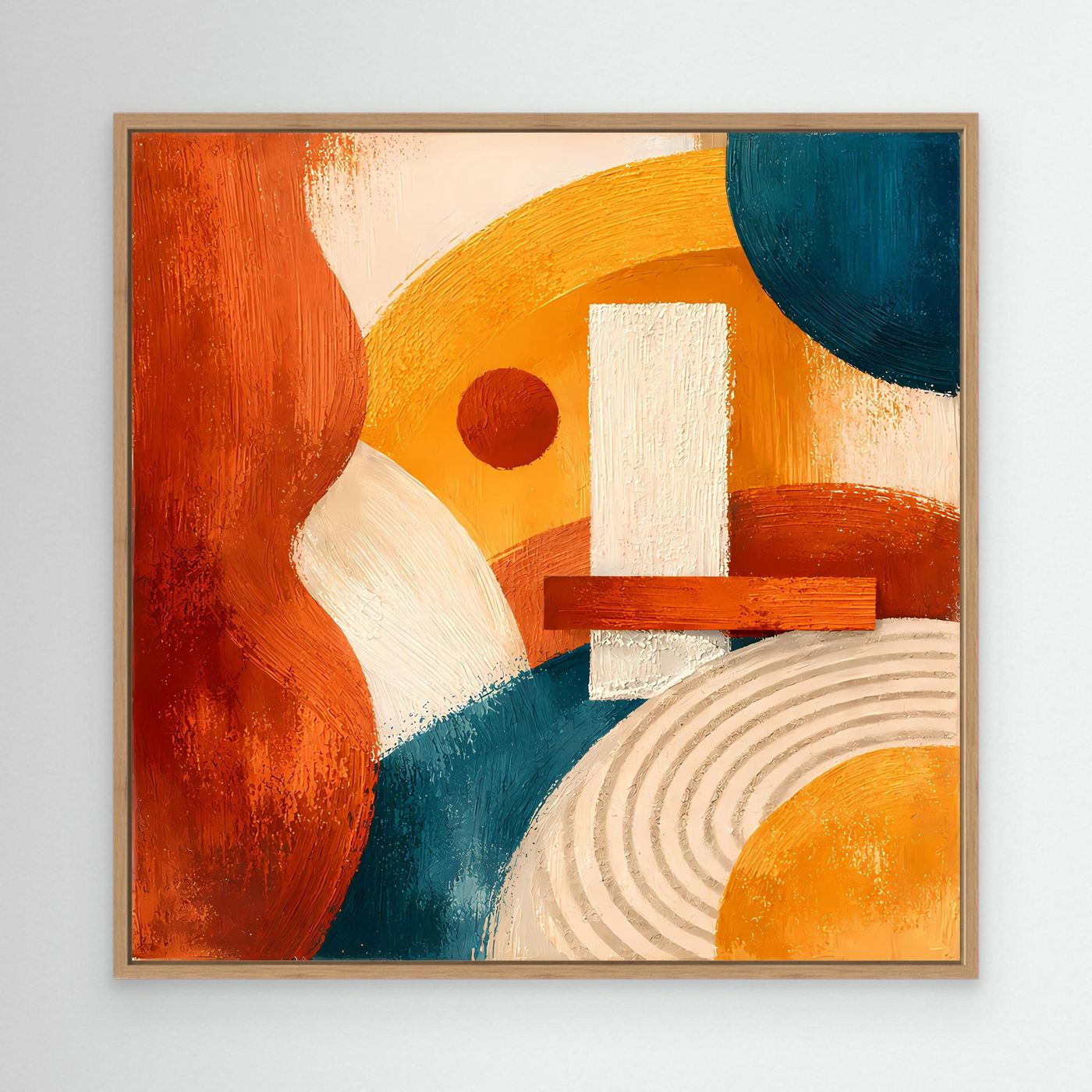 Geometrisches Abstrakt-Leinwandbild mit hellem Holzrahmen, Terrakotta, Blau und Gelb