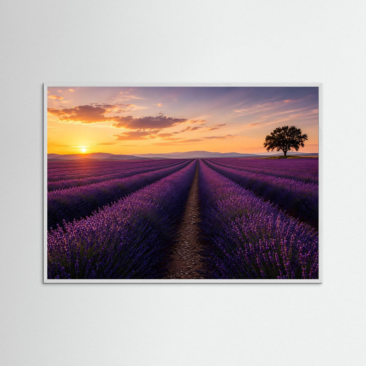 Querformat-Poster mit Lavendelfeld bei Sonnenuntergang im blau-grauen Rahmen