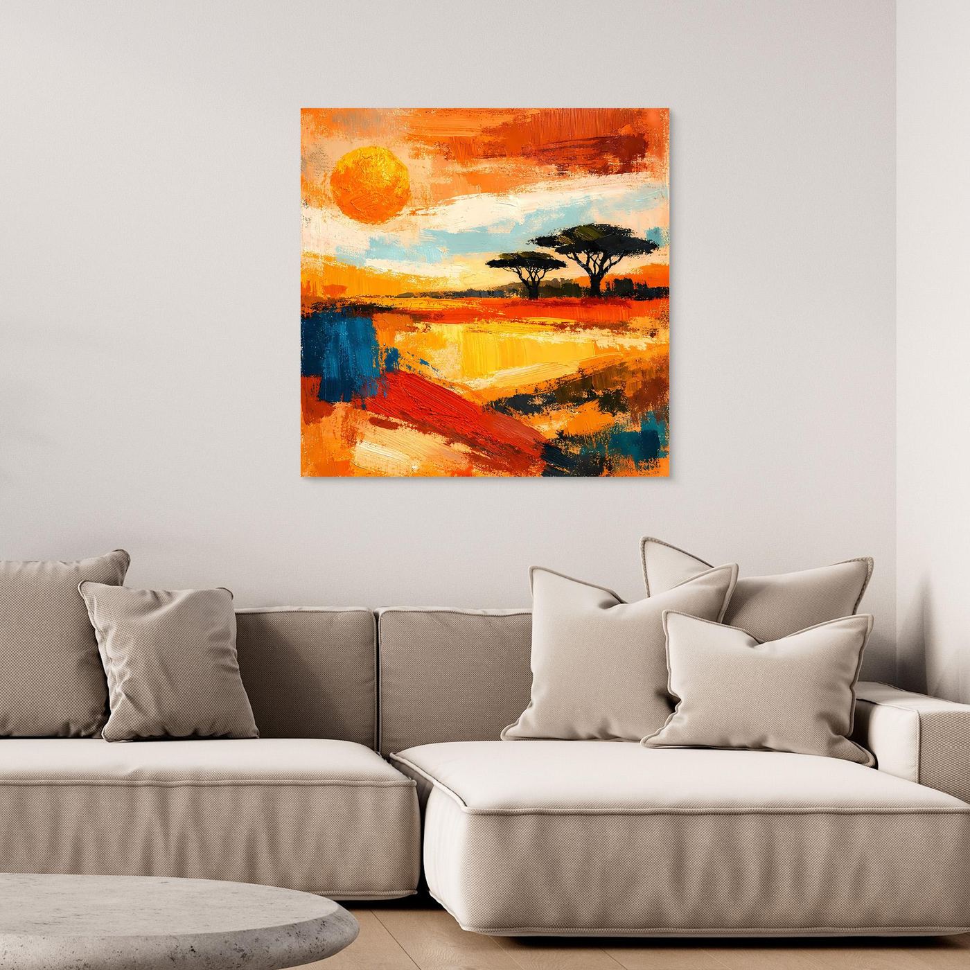 Abstract sunset savanna canvas wall art with tree silhouettes and orange border