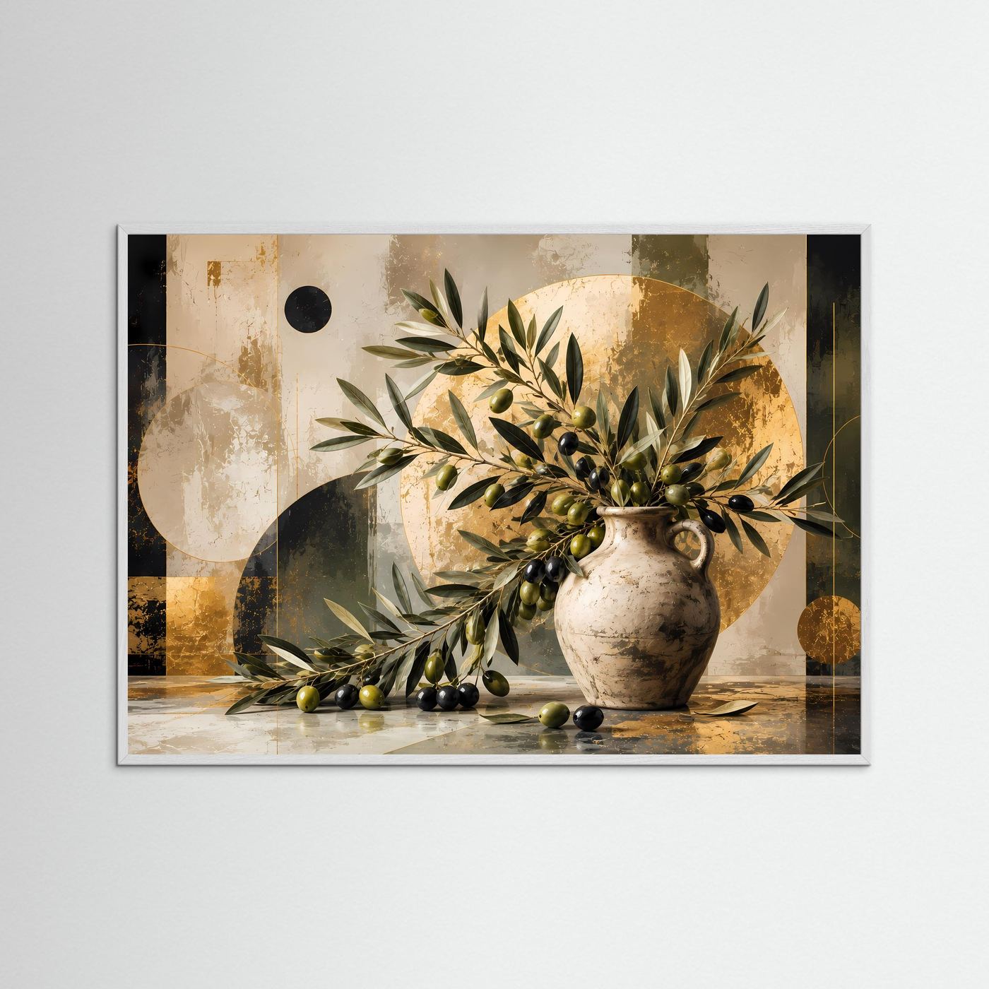 Olivenzweige in antiker Vase | Mediterranes Stillleben mit grünen & schwarzen Oliven in Gold, Creme und Dunkelgrün | Moderne abstrakte Wandkunst