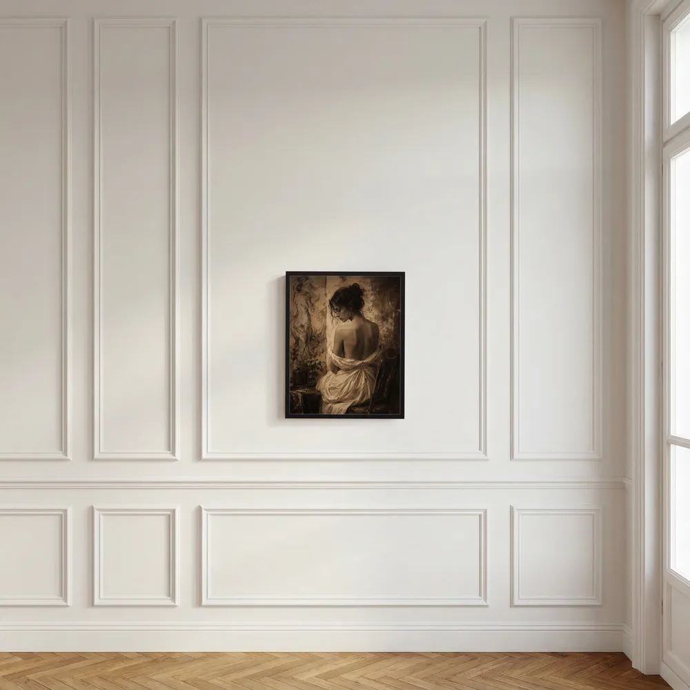 Gerahmter Kunstdruck im Rahmen: Sepia-Rückenansicht einer Frau mit weißem Drapiertuch.
