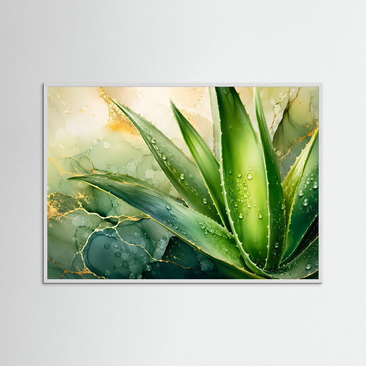 Aloe Vera in Grün & Gold | Botanische Eleganz mit Wassertropfen