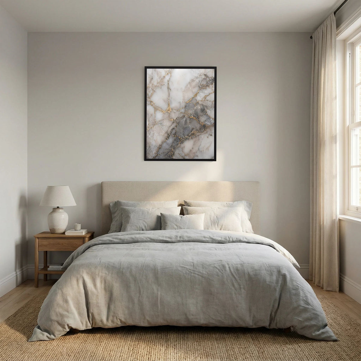 Hochformatiges Poster mit Marmoroptik in Weiß, Grau und goldenen Adern im schwarzen Rahmen