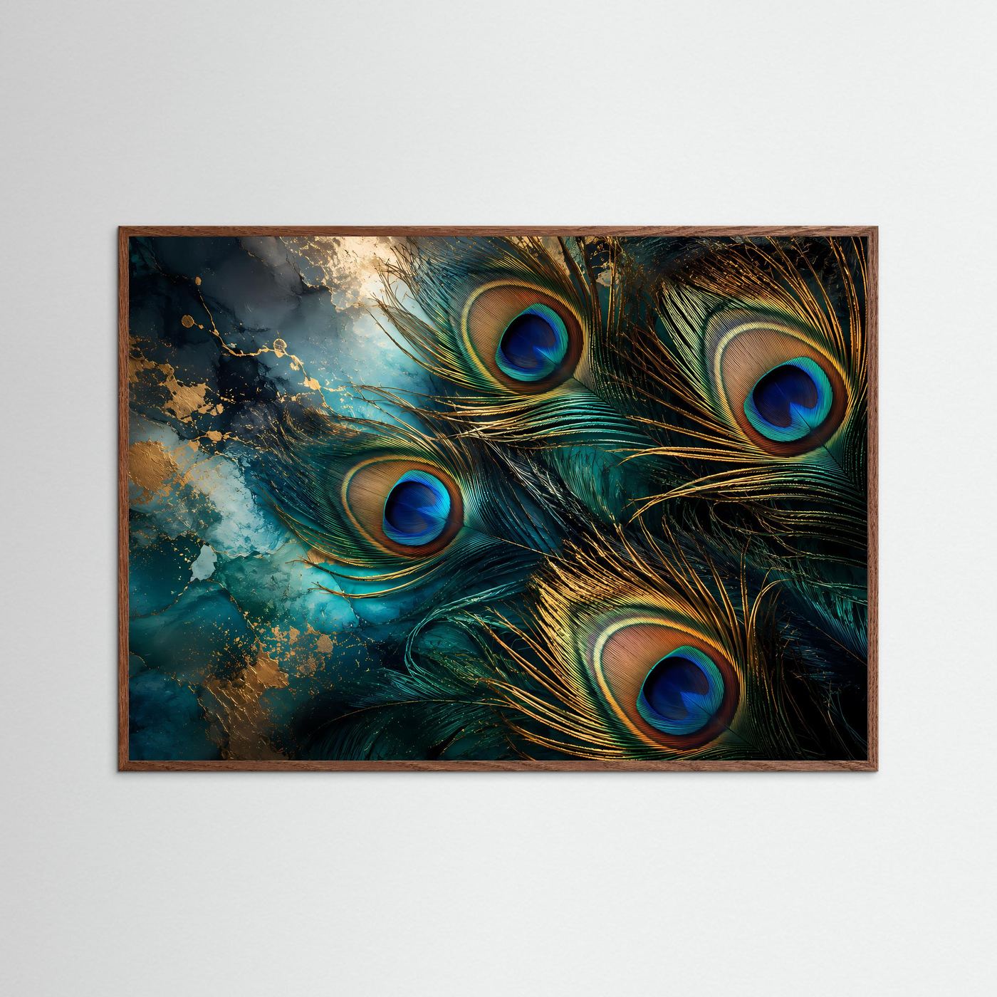 Pfauenfedern Poster | Elegante Pfauenfeder Wandkunst mit Goldakzenten | Luxuriöse Abstrakte Naturkunst | Türkis Blau Gold | Premium Leinwand & Wall Art