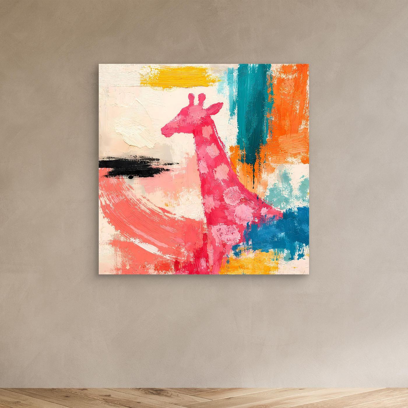 Leinwand-Wandbild mit abstrakter Giraffe im Pop-Art-Stil, farbige Pinselstriche in pink