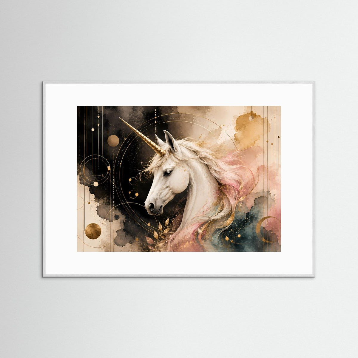 Einhorn-Poster quer: pastellrosa Einhorn mit goldenem Horn, weißer Rahmen