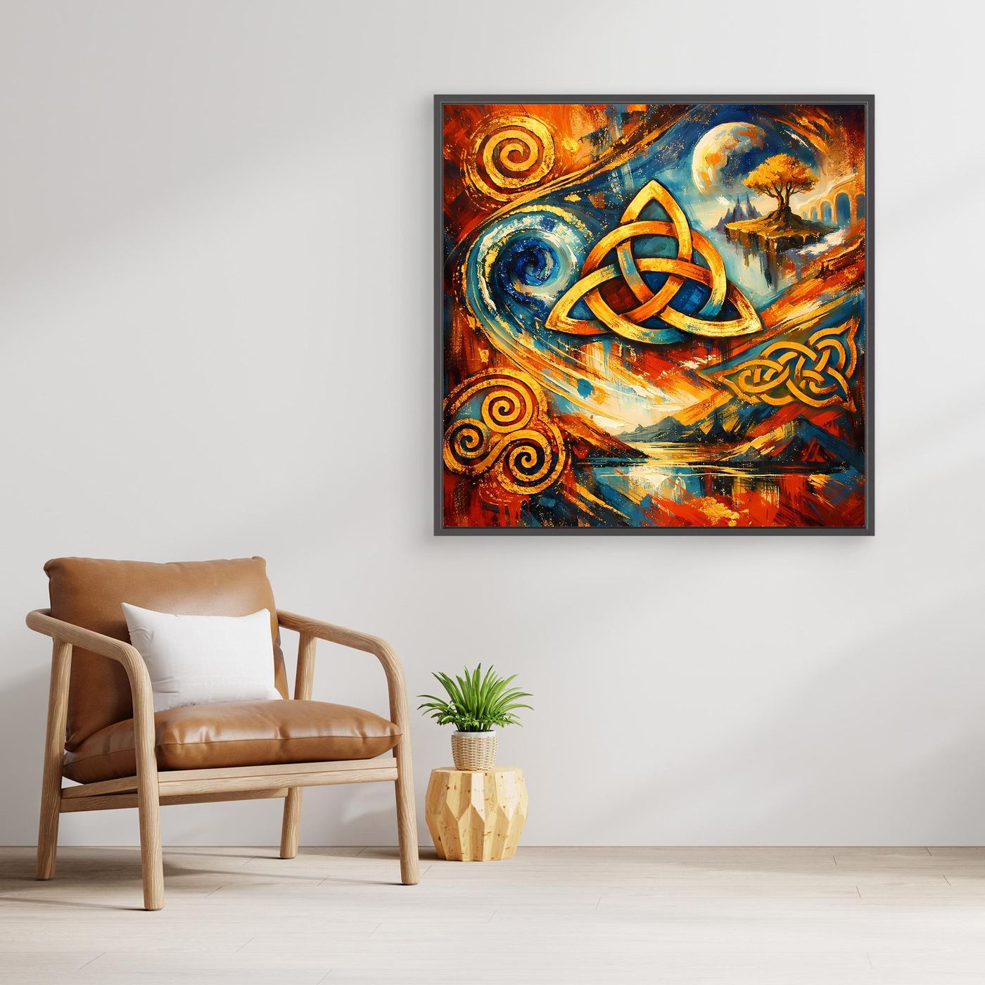 Gerahmtes Leinwandbild mit keltischer Triquetra, abstrakte Spiralen und blau-orangefarbene Flächen.