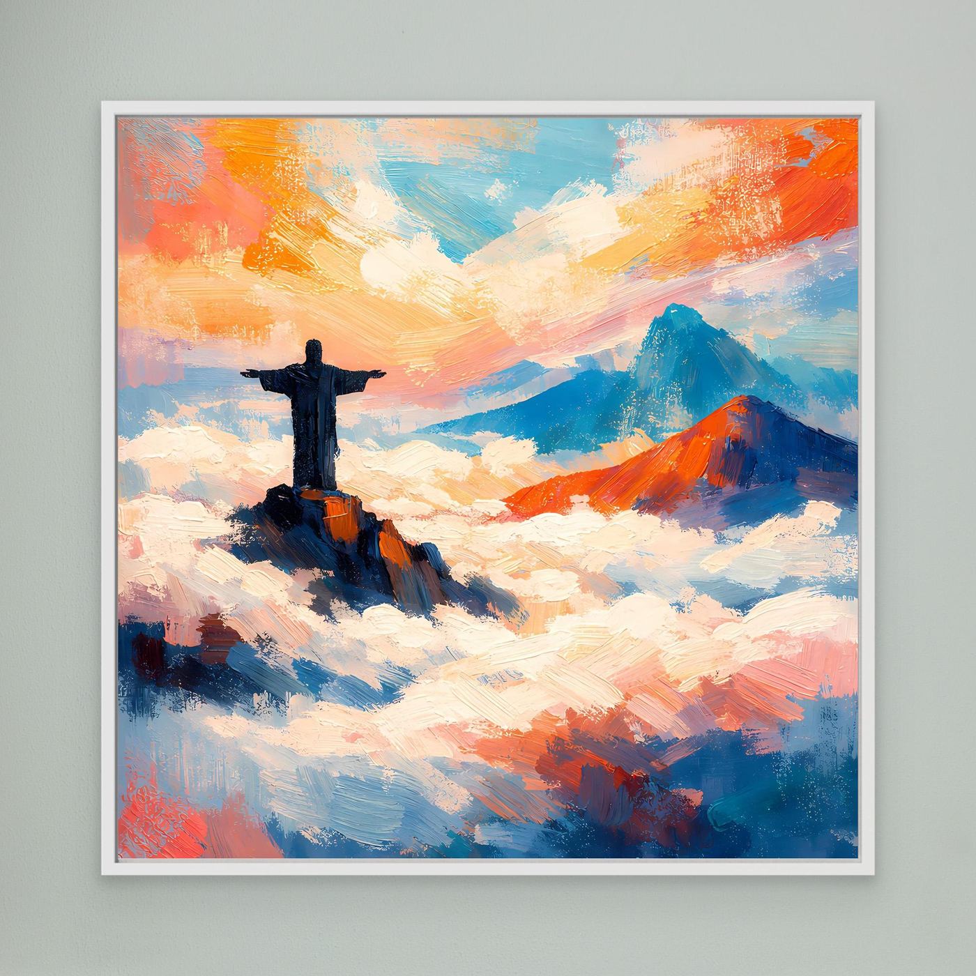 Wandbild auf Leinwand: abstrakter Christus auf Wolken, farbiger Himmel, weiß gerahmt